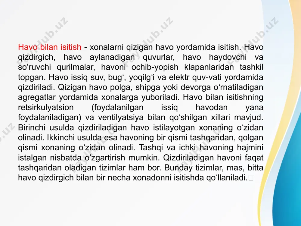 orqali zararsizlantirish mumkin, uning asosiy farqi shundaki, issiqlik almashinuvi tabiiy yo'l bilan emas, balki fanatlar yordamida amalga oshiriladi.  majburiy  majburiy issiqlik manbai havo isitish u suyuq yoqilg'i (dizel yoqilg'isi) yoki burnerga etkazib beriladigan gaz bo'lishi mumkin va yoqilg'ining yonishidan issiq havo xonaga havo kanallari tizimi orqali taqsimlanadi, bu bosim fanatlarning ishlashi natijasida hosil bo'ladi. bunday sxemaning yagona kamchiliklari - burner va fan tomonidan ishlab chiqarilgan shovqin. bundan tashqari, bunday tizimni o'rnatish va ishlatish juda qimmatga tushadi. xulosa  havoni isitish bilan uy juda tez isiydi va qulay yashash uchun mos bo'ladi. suvni isitishning paydo bo'lishi va joriy etilishidan oldin mamlakatimizda havo kanallari orqali etkazib beriladigan issiq havo bilan isitish keng qo'llanilgan. bu katta yashash joylari bo'lgan binolardan foydalanganda eng samarali ekanligini isbotlagan. foydalanilgan adabiyotlar  1. рашидов ю.к “binolarni energiya tejamkorlik muhandislik kommunikatsiyalari” тошкент таки 2019 й.  2. мамажонов т., буриев э.с., нурмонов с.р. “иссиклик таъминоти”тошкент таки …