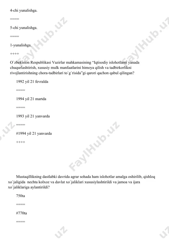 di, ushbu firma qaysi davlatga tegishli? # aqshga ==== avstraliyaga ==== angliyaga ==== kanadaga ++++ janubiy koreya respublikasi bilan o`zbekiston o`rtasida tuzilgan bitim asosida “uzdeu avto” qo`shma korxonasi tashkil etildi va ... shahrida yengil avtomashinalar ishlab chiqarishga kirishildi samarqand ==== toshkent ==== andijon ==== #asaka ++++ janubiy koreya respublikasi bilan o`zbekiston o`rtasida “uzdeu avto” qo`shma korxonasi tashkil etish haqidagi bitim qachon tuzilgan? #1992 yilning avgust oyida ==== 1996 yilning mart oyida ==== 1995 yilning iyul oyida ==== 1992 yilning yanvar oyida ==== 1996 yilning mart-iyul oylarida “uzdeu” avtokorxonasi ... yengil avtomashinalarini chiqara boshladi. #“neksiya”, “tiko”, “damas” ==== “malibu”, “captiva”, “trekker” ==== “matiz”, “neksiya”, “damas” ==== ”lasetti”, “jentra”, “tiko” ++++ 2004 yilning o`zida «uzdeuavto» korxonasi jami nechta avtomashina ishlab chiqardi? 70.000 ta ==== #70.070 ta ==== 75.000 ta ==== 71.000 ta ++++ o’zbekiston respublikasi prezidentning farmoniga muvofiq qachon “o`zbekiston havo yo`llari” milliy aviakompaniyasi tashkil etildi? #1992 yil 28 yanvar ==== 1993 …