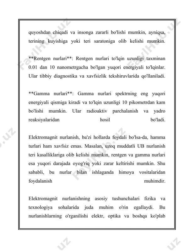 radioto'lqinlar yordamida amalga oshiriladi. wi-fi routerlar 2.4 ghz va 5 ghz chastotali diapazonlarda ishlaydi va bu orqali bizga internetga kirish imkonini beradi. bundan tashqari, radioto'lqinlar radioeshittirishda ham asosiy o'rinni egallaydi. ular orqali musiqa, yangiliklar va boshqa axborotlarni tinglash imkoni mavjud. 2021-yilgi ma'lumotlarga ko'ra, aqshda 244 million kishi radio tinglaydi. bu esa radio orqali tarqatiladigan kontentning ahamiyati va keng qamrovini ko'rsatadi. shuningdek, televideniya sohasida radioto'lqinlar signallarni tarqatish uchun ishlatiladi. yerusti antennalari va sun'iy yo'ldoshlar orqali telekanallar radioto'lqinlar yordamida uzatiladi. masalan, dvb-t2 texnologiyasi yerdan televideniya uzatish uchun 470 mhz dan 862 mhz gacha bo'lgan chastotalardan foydalanadi. gps tizimi ham radioto'lqinlar orqali ishlaydi. gps sun'iy yo'ldoshlari yerni aylanuvchi yo'ldoshlardan radioto'lqinlar orqali signal yuboradi va qabul qiluvchi qurilmalar orqali manzilni aniqlay oladi. ushbu texnologiya bilan hozirgi kunda butun dunyo bo'ylab yo'l harakati va logistikani yaxshilashda foydalaniladi. masalan, hozirgi vaqtda dunyoda taxminan 4 milliarddan ortiq gps qurilmalari ishlatilmoqda. radioto'lqinlar tibbiyot sohasida ham katta imkoniyatlarga ega. …