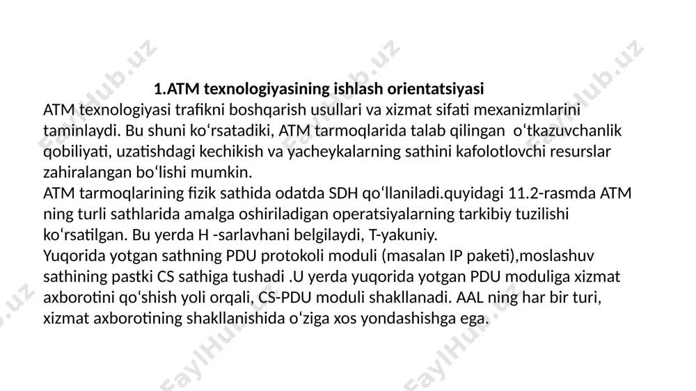 iborat. atm sathidagi asosiy modul yacheyka hisoblanadi.shundan 48 tasi foydali yuklamani ko‘chirish uchun,qolgan 5 ta octet esa atm sathidagi xizmat axborotlari uchun yani atm yacheykasi sarlavhasi uchun qo‘llaniladi. e’tiboringiz uchun raxmat image1.png image2.png image3.png image4.png image5.png image6.png image7.png image8.gif image9.png /docprops/thumbnail.jpeg