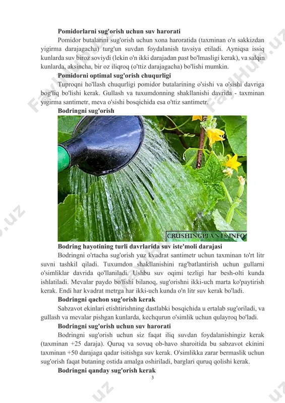 sabzavot ekinlari etishtirishning dastlabki bosqichida u ertalab sug'oriladi, va gullash va mevalar pishgan kunlarda, kechqurun o'simlik uchun qulayroq bo'ladi. bodringni sug'orish uchun suv harorati bodringni sug'orish uchun siz faqat iliq suvdan foydalanishingiz kerak (taxminan +25 daraja). quruq va sovuq ob-havo sharoitida bu sabzavot ekinini taxminan +50 darajaga qadar isitishga suv kerak. o'simlikka zarar bermaslik uchun sug'orish faqat butaning ostida amalga oshiriladi, barglari quruq qolishi kerak. bodringni qanday sug'orish kerak ushbu o'simlik o'simlikining ildizlari chuqur emas, shuning uchun uni shlangdan kuchli suv bosimi bilan sug'ormaslik kerak. o'tkir suv oqimi ostida ildizlar ochilib, shikastlanishi mumkin. buni oddiy bog 'sug'orish qutisi bilan va faqat butaning tagida qilish yaxshidir. bodring uchun ideal variant tomchilatib sug'orishdir. bodringli to'shakda bunday sug'orish tizimi oddiy plastik idishlar yordamida amalga oshirilishi mumkin. bo'yinlarni pastga tushirib, idishlarga bir nechta teshiklarni teshib, ularni suv bilan to'ldirib, bog'da ko'mib tashlash kerak. kelajakda siz suvni plastik idishlardagi o'z vaqtida to'ldirishingiz kerak. bodringni sug'orish …