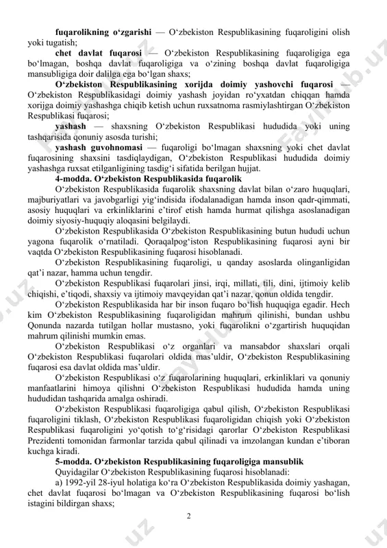 ota yoki ona — bolani tarbiyalayotgan ota (ona), basharti bolaning tug‘ilganligi to‘g‘risidagi rasmiy hujjatlarda ota-onasidan biri haqidagi ma’lumotlar mavjud bo‘lmasa yoxud bunday ma’lumotlar tarbiyalayotgan otaning (onaning) so‘zlariga asosan kiritilgan bo‘lsa; identifikatsiyalovchi id-kartasi (bundan buyon matnda identifikatsiyalovchi karta deb yuritiladi) — o‘zbekiston respublikasi hududida identifikatsiyalovchi karta egasining shaxsini va fuqaroligini, shuningdek doimiy ro‘yxatga olinganligini tasdiqlaydigan, egasining shaxsiga doir biografik va biometrik ma’lumotlar kiritilgan elektron jismga (chipga) ega bo‘lgan, o‘zbekiston respublikasi fuqarosiga yoki chet davlat fuqarosiga yoxud fuqaroligi bo‘lmagan shaxsga beriladigan hujjat; tirikchilikning qonuniy manbai — ish haqi va unga tenglashtirilgan to‘lovlar, tadbirkorlik faoliyatidan yoki mulkdan olingan foyda, pensiya, stipendiya, alimentlar, ijtimoiy nafaqalar, moliyaviy jamg‘armalar yoki oila a’zolari va boshqa shaxslarning moliyaviy yordami, shuningdek boshqa qonuniy daromadlar; [okoz: 1.01.00.00.00 konstitutsiyaviy tuzum / 01.05.00.00 aholi / 01.05.05.00 chet ellik fuqarolar va fuqaroligi bo‘lmagan shaxslar] fuqaroligi bo‘lmagan shaxs — o‘zbekiston respublikasi hududida doimiy yashab turgan, o‘zbekiston respublikasining fuqarosi bo‘lmagan va o‘zining chet davlat fuqaroligiga …