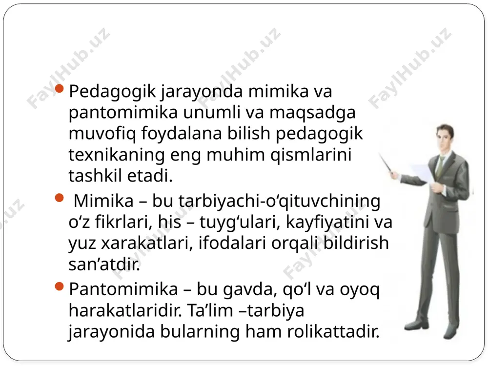 rossiyada pyotir i davrida notiqlik san’ati yo’nalishlari: saroy notiqligi. diniy notiqlik. xalq notiqligi . harbiy notiklik. diplomatik notiklik. sharq mutafakkirlari notiq oldiga qo’yadigan vazifalari mantiqli so’zlashga o’rganish; nutkning ichki mazmun va tashki shakl ko’rinishiga birday e‘tibor berish; go’zal va ta‘sirchan nutq ega bo’lish; til boyliklarini maqsadga muvofiq hamda o’rinli ishlatish va bashqalar. xulosa loyiha ishlab chiqish: tizim hosil qiluvchi omillar tanlashning tarkibiy qismlarining o’zaro uyg’unlashtirish, loyihalash hujjatlarini tuzish; loyiha sifatini tеkshirish: loyihani fikran tajriba - sinovdan o’tkazish. loyihani ekspеrt baholash, o’zgartirishlar kiritish, loyihadan foydalanish mumkinligi haqida qaror qabul qilish kabilar. yuqorida zikr etilgan har bir hatti-harakatlar o’z navbatida aniq maqsad va nisbatan kichik hatti-harakatlardan iborat bo’lishi tabiiy hol. foydalangan adabiyotlar i.karimov. yuksak ma'naviyat - yengilmas kuch. toshkent, 2008 o'zbekiston respublikasining "ta'lim to'g?risidagi"gi qonuni - toshkent: 1997 yil. o'zbekiston respublikasi kadrlar tayyorlash milliy dasturi. - toshkent: 1997 k.xoshimov, s.ochil. o'zbek pedagogikasi antologiyasi. t, o'qituvchi, 1995 ta'lim taraqqiyoti jurnallari. toshkent, 2008 - …