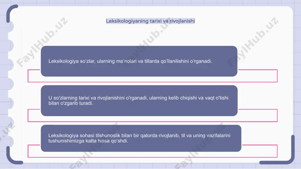 afiya, tarjima, hisoblash tilshunosligi va tabiiy tilni qayta ishlashda qoʻllaniladi. til o‘qitishda leksikologiya lug‘at, so‘z yasalishi va semantikani tushunish va o‘rgatishda yordam beradi. leksikografiyada leksikologiya lug‘atlarni tuzish va yangilash, keng qamrovli va ishonchli ma’lumotnomalar bilan ta’minlash uchun ishlatiladi. e'tiboringiz uchun rahmat