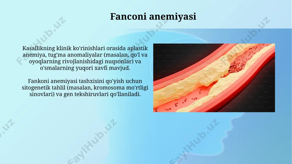 larni o'z ichiga olishi mumkin, taxminan 90% bemorlarda uchraydi. diskeratoz kasallikning asosiy belgilari orasida teri o'zgarishlari (diskeratoz), tirnoq va sochlarning anomaliyalari, shuningdek, qon ketishiga moyillik va takroriy infektsiyalar kuzatiladi, bu esa suyak ko'migining qon hujayralari ishlab chiqarishdagi nuqsonini ko'rsatadi. diskeratoz, kam uchraydigan genetik kasallik bo'lib, suyak ko'migi faoliyatining buzilishiga, xususan, qon hujayralari hosil bo'lishining pasayishiga olib keladi va taxminan 100 000 kishidan 1 tasiga ta'sir qiladi. tug'ma aplazitik anemiya kasallikning ogʻir shakllari, tugʻilishdan keyingi birinchi yil ichida namoyon boʻlib, qon hujayralari sonining keskin kamayishi (leykopeniya, trombotsitopeniya) va ogʻir anemiya bilan xarakterlanadi. tugʻma aplastik anemiya, kam uchraydigan kasallik boʻlib, 1 million tugʻilgan chaqaloqdan taxminan 1 tasida uchraydi va suyak koʻmigʻi faoliyatining jiddiy buzilishi bilan tavsiflanadi. kostmann kasalligi kostmann kasalligi, tugʻma neytrofil suyagi miyeloproliferativ kasallik boʻlib, neytrofillarning soni 0.5 x 10⁹/l dan kam boʻladi va ogʻir bakteriya infektsiyalari bilan namoyon boʻladi. kasallikning genetik asosini elane geni mutatsiyalari tashkil etadi, bu esa neytrofillarning …