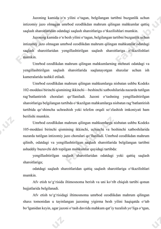 kum qat’iy tuzalish yo‘liga o‘tgan, belgilangan tartibni buzganlik uchun intizomiy jazo olmagan, mehnat va o‘qishga nisbatan vijdonan munosabatda bo‘layotgan, tarbiyaviy tadbirlar o‘tkazishda faol ishtirok etayotgan taqdirda esa, tayinlangan jazoning yigirma yilini haqiqatda o‘tab bo‘lganidan keyin berilishi mumkin. afv etish to‘g‘risidagi iltimosnoma uzoq muddatga ozodlikdan mahrum qilingan shaxs tomonidan u tayinlangan jazo muddatining yigirma yilini haqiqatda o‘tab bo‘lganidan keyin, agar jazoni o‘tash davrida mahkum qat’iy tuzalish yo‘liga o‘tgan, belgilangan tartibni buzganlik uchun intizomiy jazo olmagan, mehnat va o‘qishga nisbatan vijdonan munosabatda bo‘layotgan, tarbiyaviy tadbirlar o‘tkazishda faol ishtirok etayotgan taqdirda esa, tayinlangan jazoning o‘n besh yilini haqiqatda o‘tab bo‘lganidan keyin berilishi mumkin. mustaqillikning ilk kunlaridanoq, mamlakatda tizimli va bosqichma-bosqich tartibda sud-huquq islohotlari amalga oshirilmoqda. 2001 yil 29 avgustda “o‘zbekiston respublikasining jinoyat, jinoyat-protsessual kodekslariga o‘zgartish va qo‘shimchalar kiritish hamda jinoiy jazolarni liberallashtirish to‘g‘risida”gi qonun qabul qilingandan so‘ng bu islohotlar mohiyatan yangi daraja – amaldagi jinoyat siyosatini fundamental demokratlashuvi darajasida amalga oshirilmoqda. ta’kidlash joizki, …