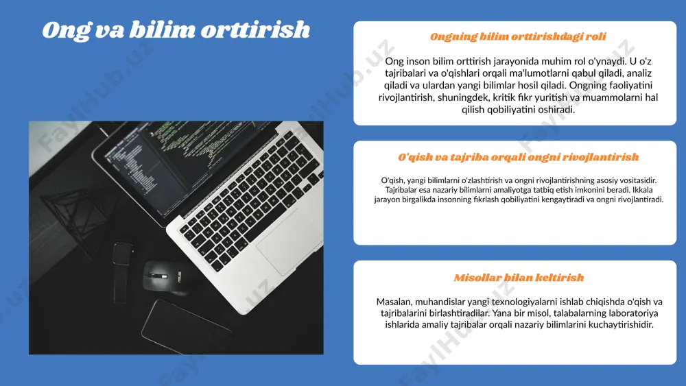 araqqiyotida muhim ahamiyatga ega. innovatsiyalar orqali biz yangi texnologiyalar va bilimlarni kashf etamiz, bu esa jamiyatni rivojlantirishga yordam beradi. shu bilan birga, ongning o'zgarishi va rivojlanishi jamiyatdagi o'zgarishlar va yangi fikrlarning paydo bo'lishini ta'minlaydi. ong va kelajakdagi rivojlanish ong kelajakda rivojlanish jarayonida muhim rol o'ynaydi. texnologiyalar, masalan, sun'iy intellekt va avtomatlashtirish, inson ongini o'zgartirishga olib kelmoqda. bu o'zgarishlar, o'z navbatida, yangi imkoniyatlar va muammolarni keltirib chiqaradi. texnologiya va ong o'rtasidagi munosabatlar, bu jarayonda qanday qilib insoniyatning fikrlash uslublari va qaror qabul qilish jarayonlari o'zgarishini ko'rsatadi. masalan, sun'iy intellekt yordamida ma'lumotlarni tahlil qilishda, insonlar tezroq va samaraliroq qarorlar qabul qilishlari mumkin. xulosa 1. ong tushunchasi: ong tushunchasi insonning tafakkur, his-tuyg'u va xulq-atvorini shakllantiradi. 2. ongning asosiy jihatlari: tafakkur, xotira, e'tibor va his-tuyg'ular ongning asosiy komponentlaridir. 3. rivojlanish bosqichlari: bolalikdan kattalikka o'tishda ongning rivojlanishi muhimdir. 4. bilim orttirish: o'qish va tajriba orqali ongni rivojlantirish juda samarali. 5. ijtimoiy ta'sirlar: ong ijtimoiy munosabatlar …
