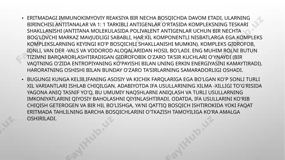 arni aniqlashning lyuminestsent usullari, shuningdek, birlamchi ferment reaktsiyasi ("kaskadlar") mahsulotlarini aniqlashni fermentativ takomillashtirishga asoslangan usullar istiqbolli. elisada ferment belgilarini tanlashga bir qator umumiy talablar qo'yiladi. asosiylari quyidagilar: 1. past kontsentratsiyada yorliqni aniqlash imkonini beruvchi yuqori o'ziga xoslik va o'ziga xos katalitik faollik; 2. fermentning mavjudligi, antijenlar yoki antikorlar bilan konjugat olishda kimyoviy modifikatsiyadan keyin yuqori faollikni saqlaydigan etarlicha sof ferment preparatlarini olish imkoniyati; 3. antigen-antikorlarning o'zaro ta'sirining optimal sharoitida barqarorlik; 4. ferment konsentratsiyasini aniqlash usulining soddaligi va sezuvchanligi. polimeraza zanjirli reaktsiyasi (pcr) - bu biologik materialda (namuna) ma'lum nuklein kislotasi bo'laklarining (dnk yoki rnk) kichik konsentratsiyasini sezilarli darajada oshirishga imkon beradigan molekulyar biologiya usuli. dnkni kuchaytirishdan tashqari, pcr nuklein kislotalari bilan boshqa ko'plab manipulyatsiyalarga (mutatsiyalarni kiritish, dnk bo'laklarini biriktirish) imkon beradi va biologik va tibbiy amaliyotda, masalan, kasalliklarni aniqlashda (irsiy, yuqumli), otalikni aniqlashda, genlarni klonlash, yangi genlarni ajratish uchun. reaktsiya jarayoni odatda, pcrni bajarishda 20-35 sikl bajariladi, ularning har biri …