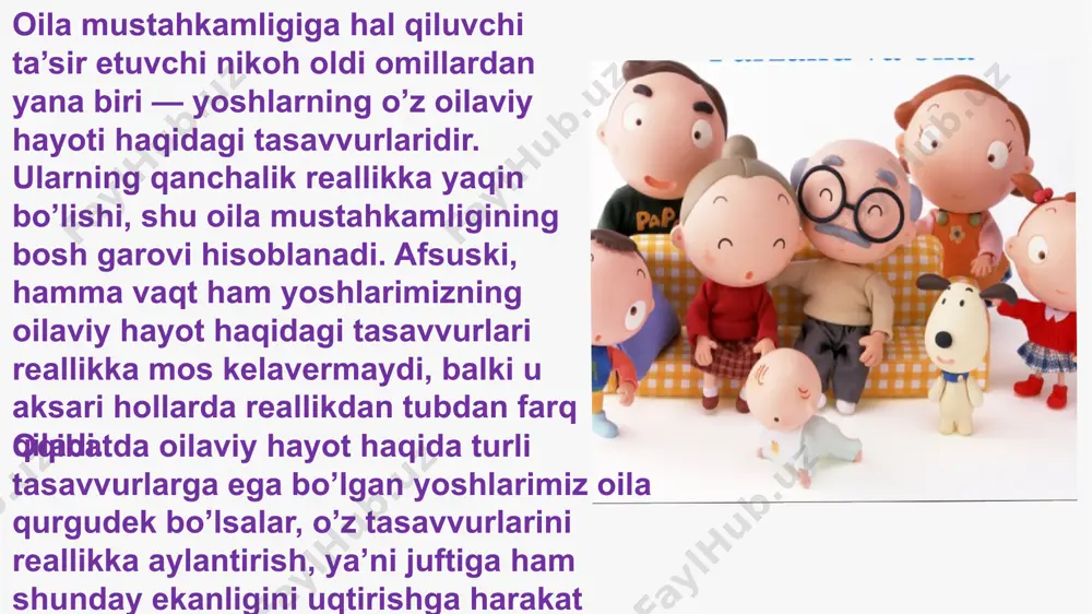 i oilalarning yuzaga kelishidir.chunki bizda deyarli barcha oilalarning yuzaga kelishi yigit tomonidan kelinnikiga sovchilar borishi bilan boshlanadi. . bunda yoshlar bir-birlarini oldindan bilishlari, sevishlari, shunchaki uchrashib qolishi yoki sovchilar orqali qidirib kelin topishidan qat’i nazar albatta, kelinnikiga sovchilar borishi nikohning yuzaga kelishidagi etnik shart, rasm-rusum, urfodatlardan biri hisoblanadi. bularning barchah mustahkamligida o’ziga xos o’rni bor xalqimizning etnik xususiyatlariga xos bo’lgan nikohning yuzaga kelish shartlaridan biri —sovchilikdir. sovchilik ham azal-azaldan shakllanib kelgan milliy qadriyatlarimizdan biridir. uning ham o’ziga yarasha talablari, shartlari, mas’uliyati mavjud. sovchilikka borilganda sovchilar bo’lajak er-xotinlar, qudalarni har tomonlama o’rganib, ularning bir-birlariga qay mos kelishlik jihatlarini puxta o’rganib chiqishga harakat qiladilar. sovchilikda surishtirish orqalibo’lajak kelinkuyov, uning oilasi, avlodi haqida har tomonlama ma’lumotlar olishga harakat qilinadi. umuman sovchilikning milliy, etnik, an’anaviy amallariga, talablariga rioya qilish ham nikoh mustahkamligining muhim shartlaridan hisoblanadi. shuning uchun ham sovchilik masalalar o’tmishda katta e’tibor berilgan va sovchilikka eng tajribali, mulohazakor, oqil odamlar tanlangan. psixolog va …