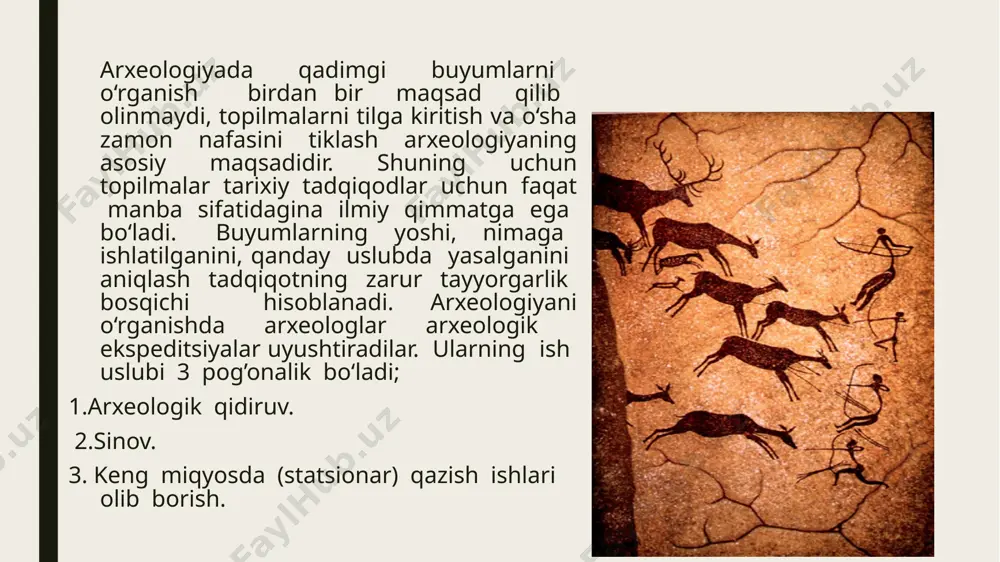 ning soni 9 mingtaga tushib qolgan va 90 – yillarning o‘rtalariga kelib, bu obidalarning soni bor-yo‘g’i 5391 tani tashkil etgan. keyingi yillarda tarixiy va arxeologik yodgorliklarni saqlash va ta’mirlash boyicha anchagina ishlar amalga oshirilmoqda. bunda albatta o‘zbek arxeologlarining chet ellik hamkasabalari bilan birgalikda olib boryotgan ishlari ahamiyatga molikdir. o‘zbekistonda arxeologiyaning fan sifatida shakllanishi uzoq tarixiy jarayonni o‘zida qamraydi. o‘zbek millati qadimiy tarixga ega bo‘lsada, uning eng qadimgi davr tarixini o‘rganish xx asrning ikkinchi yarmidan boshlangan va bugungi kungacha bu sohada ilmiy izlanishlar davom qilib kelmoqda. o‘zbekistonning o‘rta asrlar tarixi esa, yozma manbalarda saqlanib qolgan bo‘lsada, uzoq davrlargacha mavjud qadimiy qal’alar tarixi faqat odamlar orasidagi rivoyatlarda saqlanib qolgan edi. ularni saqlash va ilmiy jihatdan o‘rganish esa xix asr oxirlarigacha odamlarning e’tiborida emas edi. sovetlar humronligi davrida o‘tmish tarixiga e’tibor kuchayib, ularni ilmiy jihatdan o‘rganish boshlangan bo‘lsada, o‘zbekiston miqyosida tarixiy yodgorliklarning nihoyatda ko‘pligi olimlarga chuqur ilmiy tadqiqotlar olib borishga imkon bermagan. ular …