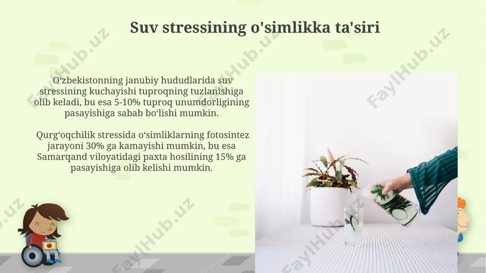 h muhim ahamiyat kasb etadi. o'simliklarning suv defitsitini bartaraf etish usullari ba'zi cho'l o'simliklari, masalan, saksovullar, 1000 mm gacha bo'lgan yillik yog'ingarchilik miqdorida, chuqur ildiz tizimi (5-10 metr) tufayli suv defitsitini qoplaydi. o'simliklarning 30% gacha suv yo'qotishini kamaytirish uchun, masalan, markaziy osiyo sharoitida, stomatalarni yopish orqali transpirasiyani boshqarish mexanizmlari mavjud. suvning o'simlikka kirishi ildiz so'rg'ichlari tuproqdan kuniga 200-300 litr suvni samarqand viloyatidagi qumloq tuproqlarda o'zlashtirishi mumkin. suvning o'simlikka kirishi tezligi 10-15 mpa bosim farqi bilan bog'liq bo'lib, qashqadaryo viloyatida 25°c haroratda tezlashadi. o'simliklardagi suv balansi tushunchasi o'simliklarda suv balansi, masalan, 30% tuproq namligi va 70% transpiratsiya orqali ta'minlanadi, bu jarayon samarqand viloyatining qurg'oqchil hududlarida o'simliklarning hayot faoliyatiga sezilarli ta'sir ko'rsatadi. o'simliklarning suv balansiga ta'sir etuvchi omillar, jumladan, 25°c dan yuqori harorat va 50% dan kam havo namligi, buxoro viloyatining ayrim hududlarida suv stressini keltirib chiqarishi mumkin. o'simliklarning suvga chidamliligi avstraliyaning qurg'oqchil hududlarida yashovchi evkalipt daraxtlari, suv defitsitini 25% gacha kamaytirib, …