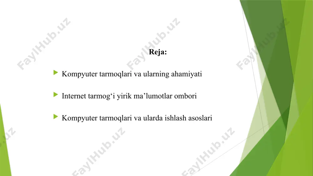 sh, bitta masalani bir nechta kompyuter yordamida yechish imkoniyatlarini beradi. bundan tashqari har bir kompyuterni ma’lum bir vazifani bajarishga ixtisoslashtirish va kompyuterlarning resurslaridan (ma’lumotlari, xotirasi) birgalikda foydalanish, hamda butun dunyo kompyuterlarini o‘zida birlashtirgan internet tarmog‘iga bog‘lanish mumkin. tarmoq taqdim etadigan hizmatlar. kompyuter tarmoqlari axborotlarni elektr signallari ko‘rinishida uzatish va qabul qilishga ixtisoslashgan muhit. tarmoqlar biror maqsadga erishish uchun quriladi, ya’ni bog‘langan kompyuterlar orqali biror masalalami yechish uchun ixtisoslashtiriladi. tarmoq xizmatlariga quyidagilami misol tariqasida keltirish mumkin: fayl server xizmati. bunda tarmoqdagi barcha kompyuterlar asosiy kompyuterning (server) ma’lumotlaridan foydalanish yoki o‘z ma’lumotlarini asosiy kompyuter xotirasiga joylashtirish mumkin; print server xizmati. bunda tarmoqdagi barcha kompyuterlar o‘z ma’lumotlarini xizmat joriy qilingan kompyuter boshqaruvi orqali qog‘ozga chop qilishi mumkin; tarmoq har doim bir nechta komp’yuterlarni birlashtiradi va ulardan har biri o‘z axborotlarini uzatish va qabul qilish imkoniyatiga ega. axborot uzatish va qabul qilish komp’yuterlar o‘rtasida navbat bilan amalga oshiriladi. shuning uchun har qanday tarmoqda axborot …