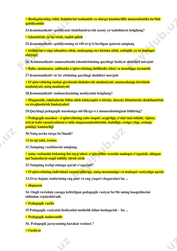 jarishdagi sub’ektiv shart-sharoitini ifodalovchi individual psixik xususityadir 23. kommunikativ qobiliyat qanday qobiliyat? + boshqalarning ruhiy holatlarini tushunish va ularga hamdardlik munosabatida bo‘lish qobiliyatidir 24.kommunikativ qobiliyatni shakllantiruvchi asosiy yo‘nalishlarni belgilang? + ishontirish, ta’sir etish, taqlid qilish 25.kommunikativ qobiliyatning ta’rifi to‘g‘ri berilgan qatorni aniqlang + kishilarni o‘ziga ishontira olish, muloqotga tez kirisha olish, ochiqlik ya’ni muloqot ehtiyoji; 26. kommunikativ munosabatda ishontirishning quyidagi faoliyat shakllari mavjud: + bahs, munozara, suhbatda o‘qituvchining dalillashi, isbot va mantiqqa tayanishi 27.kommunikativ ta’sir etishning quyidagi shakllari mavjud: + o‘qituvchining tashqi qiyofasini ifodalovchi madaniyati, munosabatga kirishish madaniyati, nutq madaniyati 28.kommunikativ tushunchasining mohiyatini belgilang? + diagnostik, talabalarda bilim olish ishtiyoqini o‘stirish, shaxsiy hislatlarini shakllantirish va rivojlantirish funksiyalari 29.quyidagi pedagogik nazokatga oid fikrga o‘z munosabatingizni bildiring? + pedagogik nazokat - o‘qituvchining sabr-toqati, sezgirligi, o‘zini tuta bilishi, vijdon, oriyat kabi xususiyatlarni o‘zida mujassamlashtirishi, halolligi, rostgo‘yligi, axloqiy pokligi, kamtarligi 30.nutq necha turga bo‘linadi? +2 ta og‘zaki, yozma 31.nutqning vazifalarini aniqlang. + nutq vositasida …