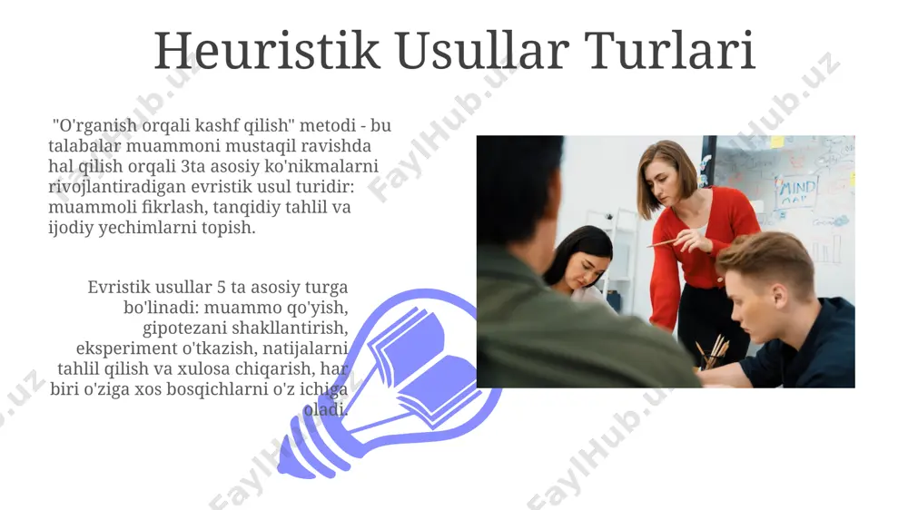 atlarini yaxshilashga olib keldi. tadqiqot natijalariga ko'ra, heuristic usullarni joriy qilishdan so'ng, o'quvchilarning test natijalari o'rtacha 15 ballga oshganligi va bu yutuqlarning barqarorligi 85% ni tashkil etganligi aniqlandi. kuzatuv va tahlil kuzatuv va tahlil metodlari talabalarning 5-7 ta muhim kuzatuv nuqtasini aniqlashga va ularni tahlil qilish orqali muammoni hal qilish ko‘nikmalarini rivojlantirishga qaratilgan. ushbu metod yordamida o‘quvchilarning muammolarni 10% tezroq aniqlash va 15% samaraliroq yechim topish ko‘nikmalari sezilarli darajada yaxshilanadi. e'tiboringiz uchun rahmat @taqdimot_robot image4.jpg image5.jpg image6.jpg image7.jpg image8.jpg image9.jpg image10.jpg image11.jpg image12.jpg image13.jpg image1.jpeg image2.jpeg image3.jpeg