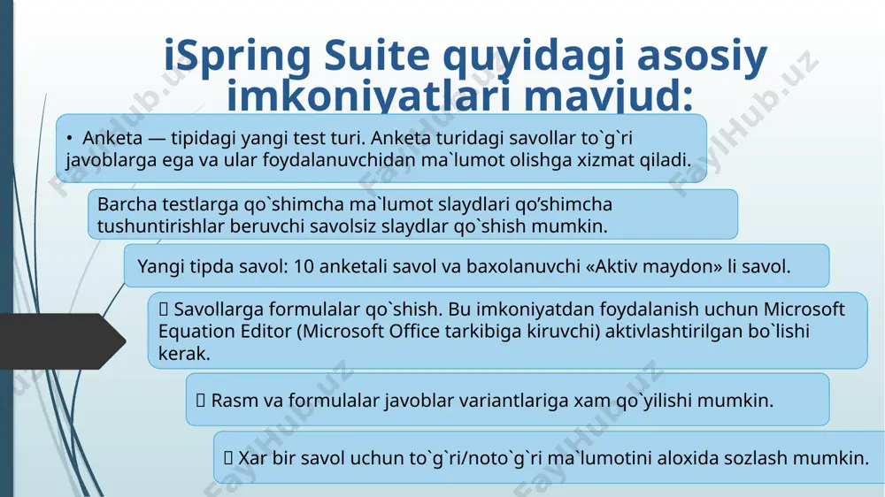 olishga imkoniyat beradi. ispring suite ishchi oynasi 1 2 3 4 5 6 1. ispring suite lentasi 2. savollar ro`yxati 3. savollarni taxrirlash paneli 4. mediya resurslarni boshqarish paneli 5. javoblarni taxrirlash paneli 6. savol xususiyatlari paneli ispring suite asosiy oynasi quyidagi qismlardan iborat: test yaratish va saqlash 1. ispring suite dasturiga kiring va тесты bo’limini tanlang 2. xosil bo`lgan menyudan новый тест ni tanlang. 3. test tipini tanlang: baxolanuvchi yoki anketa (оцениваемый тестyoki анкета). testni saqlash uchun 1. tezkor tugmalar panelidagi сохранить yoki сохранить как... tugmasiga cherting 2. dastur oynasinig chap yuqori dastur lentasi cherting va undan сохранить yoki сохранить как... ni tanlang. 1 2 savollarni boshqarish ispring suite markerda tarkibiga 23 tipdagi savollar kiradi bundan: 11 baxolanuvchi savollar, 12 anketali savol va bitta qo`shimcha tipli «информационный слайд» savollari mavjud. baholanuvchi savollar turlari: 1. verno/neverno(to‘g‘ri/noto‘g‘ri) test turi 2. odinochnыy vыbor( bitta javobni tanlash); 3. mnojestvennыy vыbor(bir necha javobni tanlash); …