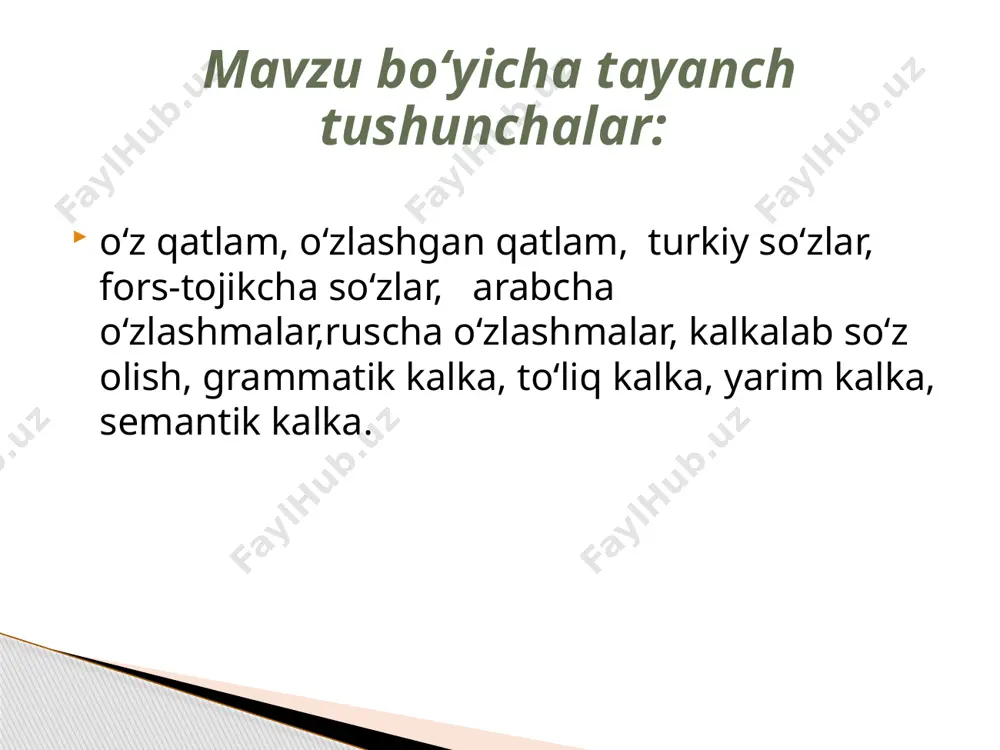 obus, trolleybus, teatr, roman, sujet, geometriya, fizika, matematika, traktor, kombayn, raketa, avtomat, armiya va b.lar. a) so'z oxirida undosh tovushlarning qatorlashib kelishi ancha keng tarqalgan: g‘isht, go'sht, daraxt, karaxt, do‘st, past, kaft, farzand kabi. (umumturkiy so'zlarda bu holat kam uchraydi); b) kuchsiz lablangan «o» unlisi so'zning barcha bo'g'inlarida qo'llanadi: ohang, nobud, bahor, obodon, peshona kabi. tojik-fors tillaridan o'zbek tiliga bir qator prefiks va suffikslar ham o'zlashgan: prefikslar — «be-», «ba-», «no-», «ham-», «bar-», «kam-», «xush-»; suffikslar «-kor», «-zor», «-xo‘r», »-parvar», «-kash», «-bop», «-boz», «-do‘z», «-namo», «-paz», «-furush» va b.lar. ular dastlab tojik-fors so'zlari tarkibida qo'llangan, keyinchalik o'zbek tilining so'z yasovchi affikslari qatoridan o‘rin olib, yangi so‘zlarning yasalishida ishtirok etgan, shu yo‘1 bilan o‘zbek tili leksikasini yana-da boyitgan. masalan: badavlat, beayov, bebosh, beboshlik, nosog‘, noto‘g‘ri, hamyotoq, hamkurs, hamyurt, barkamol, kamsuv, kamsuvlik, kamsuqum, kamsuqumlik, xushbichim, xushyoqmas, o'rikzor, olmazor, to ‘qayzor, bug ‘doyzor, bug'doykor, nafciqaxo'r, tekinxo'r, adolatparvar, chizmakash, somsapaz, yubkabop, kastumbop, gruppaboz, buyruqboz, …