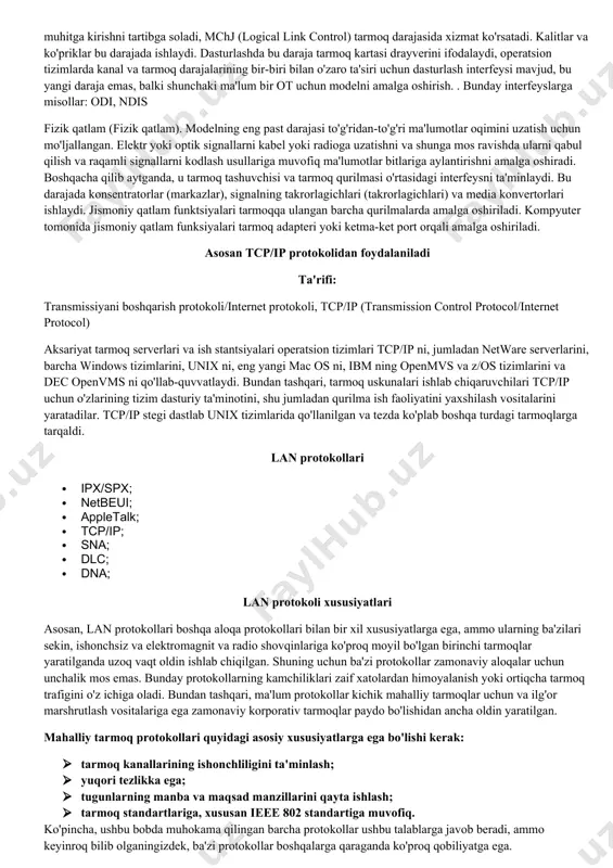 aqt davomida bir-biri bilan o'zaro ta'sir qilish imkonini beradi. seans darajasi seansni yaratish/tugatish, ma'lumot almashish, vazifalarni sinxronlashtirish, ma'lumotlarni uzatish huquqini aniqlash va dastur faol bo'lmagan davrlarda seansni saqlashni boshqaradi. transmissiya sinxronizatsiyasi ma'lumotlar oqimiga nazorat punktlarini joylashtirish orqali ta'minlanadi, shundan boshlab o'zaro ta'sir buzilgan taqdirda jarayon qayta boshlanadi. transport qatlami. modelning 4-darajasi ma’lumotlarni uzatish ketma-ketligi bo‘yicha xatolik, yo‘qotishlar va takrorlanishlarsiz yetkazish uchun mo‘ljallangan. shu bilan birga, qanday ma'lumotlar, qayerdan va qayerdan uzatilishi muhim emas, ya'ni uzatish mexanizmini o'zi ta'minlaydi. u ma'lumotlar bloklarini o'lchami protokolga bog'liq bo'lgan qismlarga ajratadi, qisqalarini bittaga birlashtiradi va uzunlarini ajratadi. ushbu qatlamning protokollari nuqtadan nuqtaga o'zaro ta'sir qilish uchun mo'ljallangan. misol: tcp, udp tarmoq qatlami (tarmoq qatlami). osi tarmoq modelining 3-qatlami ma'lumotlarni uzatish yo'lini aniqlash uchun mo'ljallangan. mantiqiy manzillar va nomlarni jismoniy manzillarga tarjima qilish, eng qisqa marshrutlarni aniqlash, kommutatsiya va marshrutlash, tarmoq muammolari va tiqilib qolishni kuzatish uchun javobgardir. ushbu darajada, router kabi tarmoq qurilmasi ishlaydi. …