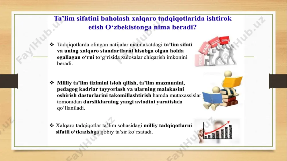 olash; pirls - progress in international reading and literacy study boshlang’ich 4-sinf o’quvchilarining matnni o’qish va tushunish darajasini baholash; timss - trends in international mathematics and science study—xalqaro matematika va tabiiy fanlarni o'rganish tendentsiyalari 4 va 8 sinf o’quvchilarining matematika va tabiiy yo’nalishdagi fanlardan o’zlashtirish darajasini baholash; • pirls - progress in international reading and literacy study boshlang’ich 4-sinf o’quvchilarining matnni o’qish va tushunish darajasini baholash; • talis - the teaching and learning international survey— rahbar va pedagog kadrlarning umumiy o’rta ta’lim muassasalarida o’qitish va ta’lim olish muhitini hamda o’qituvchilarning ish sharoitlarini o’rganish.хх асрда ўқиш ва ёзишни билмайдиган одамни саводсиз дейишса, хх асрда ўрганган билимларидан амалиётда фойдалана олмайдиган одамни саводсиз дейиш керак. timss 2023 matematika bo‘yicha ikkita baholash doiralari keltirilgan: ta'lim yutuqlarini baholash xalqaro assotsiatsiyas iea kirish qismida aytib o‘tilganidek, to‘rtinchi va sakkizinchi sinflar uchun timss 2023 tadqiqoti matematika qamrov doirasi, 1995-yildan buyon har to‘rt yilda bir marotaba o‘tkazib kelinayaotgan …