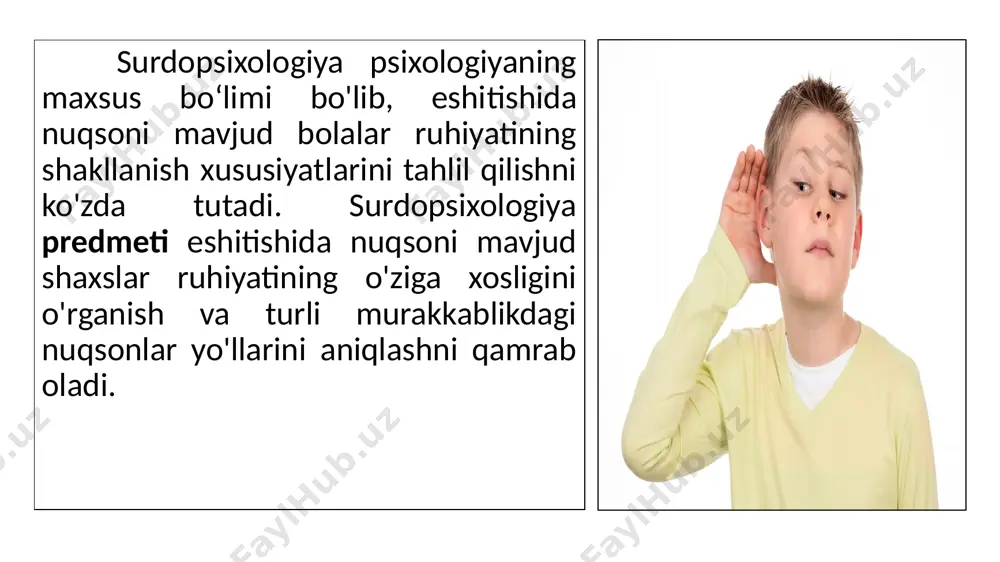 alarni tasniflash tarixi bir necha asrlarga teng. jum ladan, birinchi tasniflash xvi asrlarga to'g'ri keladi. undan italiya olimi d. k ardano 3 guruh karlarni ajratgan, karlikni vujudga kelish vaqtiga bog'liqligi va nutqiy rivojlanish darajasiga asoslangan: tug'm a karlar; erta kar bo'lgan (nutqi rivojlangunga qadar); kech kar bo'lganlar (nutqi saqlanib qolganlar) karlik — eshitishning mutlaqo yo'qligi (mutlaqo eshitmaslik) yoki pasayishining shunday shakliki, unda og'zaki nutq faqat qisman, eshitish apparatlari (moslamalari) yordamida idrok etiladi. zaif eshitish — har ikkala quloq bilan eshitishning pasayishi, unda nutqni idrok etishda qiyinchiliklar yuzaga keladi, biroq ovoz kuchaytirilganda uni idrok etish mumkin bo'ladi. eshitishning buzilishi sabablarini ta’riflashda turlicha qarashlar mavjud. eshitishida nuqsoni bo‘lgan bolalar sezgi va idrokining o'ziga xos xususiyatlari eshitishida nuqsoni bo'lgan bolalar sezgisi va idroki shakllanishining umumiy qonuniyatlari bilan birga spetsifik xususiyatlarga ega bo'ladi. avvalambor, bu bolalarda asosiy sezgi turlaridan biri eshituv sezgisi mavjud bo'lm aydi. bizning organizm im izga doimo tovush ta ’sirotlari ta …