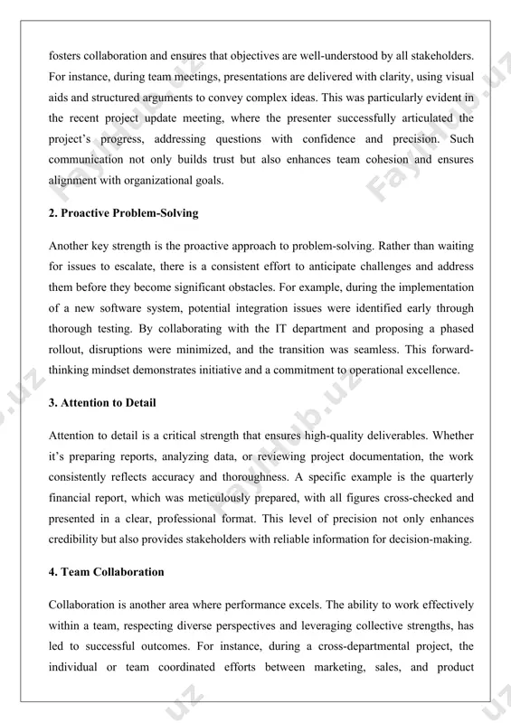 al project, the individual or team coordinated efforts between marketing, sales, and product development, ensuring that all parties were aligned on objectives and timelines. this collaborative spirit fostered a positive working environment and contributed to the project’s timely completion. 5. adaptability in today’s fast-paced business landscape, adaptability is a crucial asset, and this performance demonstrates a strong ability to adjust to changing circumstances. for example, when a key client unexpectedly changed their requirements midway through a project, the team quickly re-evaluated priorities, adjusted workflows, and delivered a revised solution without compromising on quality. this flexibility ensured client satisfaction and maintained strong professional relationships. 6. leadership and initiative leadership qualities are evident in the ability to take initiative and guide others toward shared goals. even in roles that do not formally require leadership, there is a demonstrated ability to inspire and motivate colleagues. for instance, during a challenging project phase, the …