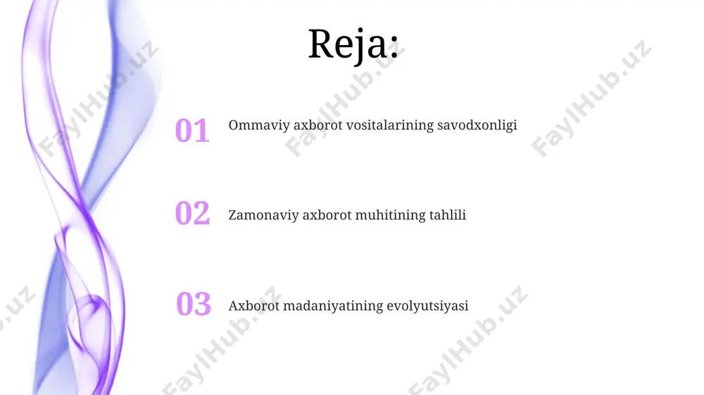 rni tekshirish va yolg'on axborot (fake news) bilan kurashish ko'nikmalari 21-asrning muhim kompetensiyalaridan biri hisoblanadi. o'zbekistonda ham axborot madaniyati 5g texnologiyalari va sun'iy intellektning joriy etilishi bilan yangi bosqichga o'tmoqda, bu esa yangi imkoniyatlar va qiyinchiliklarni keltirib chiqaradi. soxtalashtirish va dezinformatsiya дезинформациянинг психологик таъсири: ўртача 5-10 дақиқада 1000 дан ортиқ фойдаланувчига етказилиши ва жамоат фикрига салбий таъсир этиши. "deepfake" технологияси ва сунъий интеллект орқали яратилган 20% гача сохта видеоларнинг сиёсий тарғиботдаги роли ва омманинг ишончини йўқотиши. tanqidiy fikrlash va axborot tahlili tanqidiy fikrlash, axborotning 70% dan ortig'i noto'g'ri yoki chalg'ituvchi ekanligini hisobga olgan holda, manbalarni tekshirish va tahlil qilish qobiliyatini anglatadi. axborot tahlili, kamida 3 ta mustaqil manbadan ma'lumot olish va ular orasidagi mos kelmasliklarni aniqlash orqali ob'ektiv xulosalar chiqarish jarayonini o'z ichiga oladi. ommaviy axborot vositalarining evolyutsiyasi интернет ва ижтимоий медианинг 21-асрдаги тезкор ривожланиши гиперхабарлар даврини юзага келтирди, маълумотлар оқими 10 6 гача ўсиб, фойдаланувчиларнинг танқидий фикрлаш малакаларини синаб …