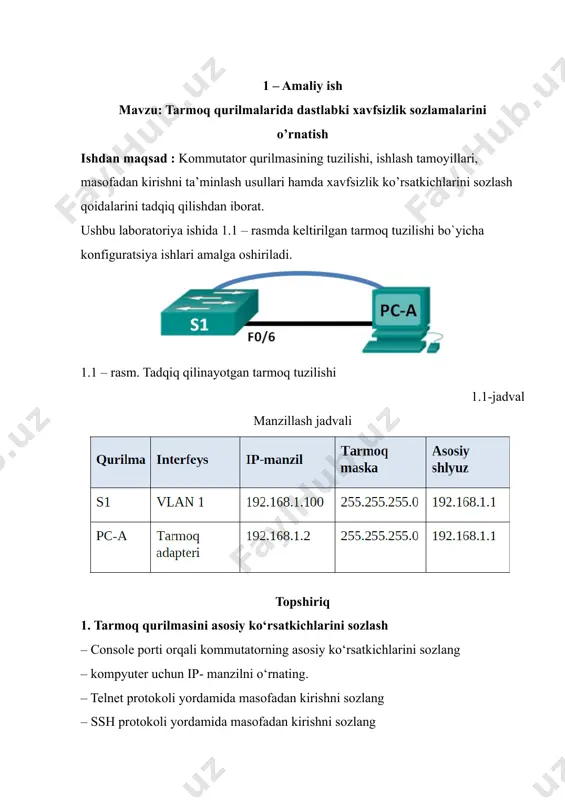 vty 0 4 orzimurod(config-line)#password 123 orzimurod(config-line)#login orzimurod(config-line)#exit orzimurod(config)#enable password 456 orzimurod(config)#exit 4. ssh protokoli yordamida masofadan kirishni sozlash. orzimurod > enable orzimurod# configure terminal orzimurod(config)# ip domain-name orzimurod.local orzimurod(config)# crypto key generate rsa orzimurod(config)# username orzimurod password 1234 orzimurod(config)# line vty 0 4 orzimurod(config-line)# transport input ssh orzimurod(config-line)# login local orzimurod(config-line)# exit orzimurod(config)# exit 2-topshiriq. tarmoq bog‘lanishni tekshiring 2.1. qurilmaning konfiguratsiyasini ko‘rsatish 2.2. telnet yordamida uzoqdan boshqarishni testlash image5.png image6.png image7.png image8.png image9.png image1.png image2.png image3.png image4.png