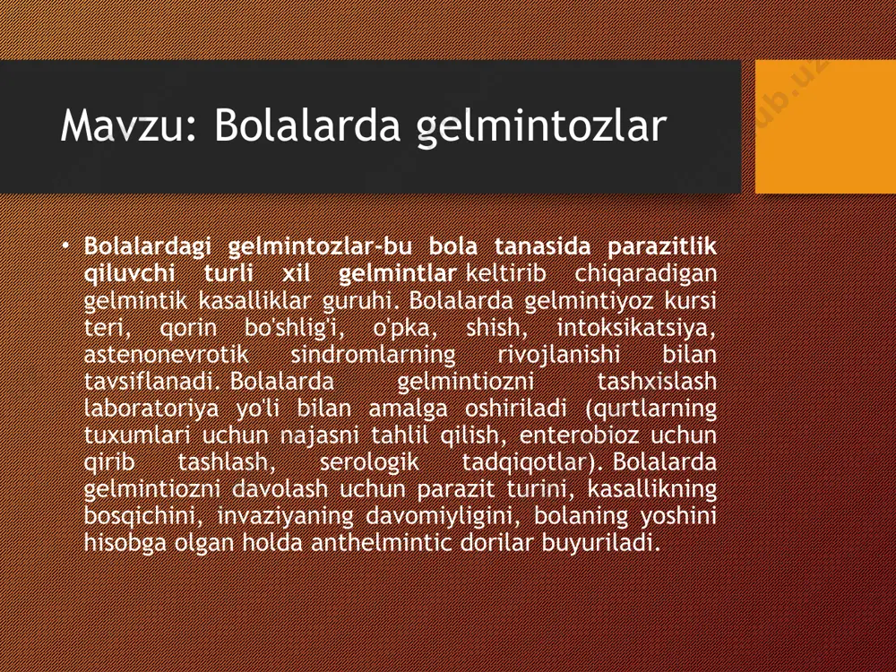 gi kontakt gelmintozlar (enterobioz, gimenolepidoz) - parazitlar tomonidan ifloslangan qo'llar va uy-ro'zg'or buyumlari orqali bolaning tanasiga kiradigan invaziv (yuqumli) tuxumlarning chiqarilishi bilan tavsiflanadi; geogelmintozlar (askaridoz, strongiloidoz, ankilostomidoz) – parazitlar tomonidan tuproqda rivojlanishining bir qismini o'tishi kerak bo'lgan pishmagan tuxumlarning chiqarilishi bilan tavsiflanadi. parazitlar inson tanasiga kirib, invaziv bosqichga etadi; biogelmintozlar (tenidozlar, opistorxoz, shistosomozlar, echinokokkoz va boshqalar) – parazitlar odamlarga yuqishidan oldin oraliq xostlar (oqadilar, baliqlar, mollyuskalar va boshqalar) tanasida lichinka shakllarining pishishi bilan tavsiflanadi. parazitlarning tanadagi lokalizatsiyasiga ko'ra, bolalarda gelmintiyozning quyidagi turlari ajratiladi: ichak (askaridoz, enterobioz, strongiloidoz, teniarinxoz, trichosefaloz), o'pka (tominksoz, paragonimoz), to'qima (trichinoz, toksokaroz, shistosomoz, filariaz) va gepatobiliar traktning gelmintozlari (klonorxoz, opistorxoz, fasiolez). patogenlarning turini hisobga olgan holda, bolalardagi gelmintozlar quyidagi turlarga bo'linadi: nematodozlar -dumaloq qurtlar (yumaloq qurtlar, pinwormlar, qamchi qurtlari va boshqalar)sabab bo'ladi. cestodozlar-lenta qurtlari (keng lenta, cho'chqa go'shti va boshqalar)sabab bo'ladi. trematodozlar-flukes (mushuk flukes, o'pka flukes, jigar flukes va boshqalar) sabab bo'ladi. bolalarda gelmintiyoz bilan kasallanishning yuqori …