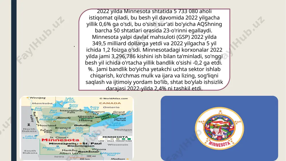 atida 2022 yilda 3,296,786 kishi ishlaydi, bu aqshning barcha 50 shtatlari orasida 18-o'rinni egallaydi. minnesota shtatida bandlik 5 yil davomida 2022 yilgacha yillik 1,6 foizga o'sdi, bu mamlakatdagi o'rtacha 3,7 foizdan pastroq. minnesota shtatidagi bandlik bo'yicha asosiy tarmoqlarga sog'liqni saqlash va ijtimoiy yordam, chakana savdo va axborot kiradi minnesotadagi ishsizlik darajasi 2022 yilda 2,4% ni tashkil etadi, bu 50 shtat ichida 3-o'rinni egallaydi. minnesota shtatidagi ishsizlik darajasi 2022 yilgacha bo'lgan besh yil ichida -7,5% ga pasayish tendentsiyasiga ega bo'lib, butun aqsh iqtisodiyotini yomon ko'rsatdi. image1.jpg image2.jpg image3.jpg image4.jpg image5.jpg /docprops/thumbnail.jpeg