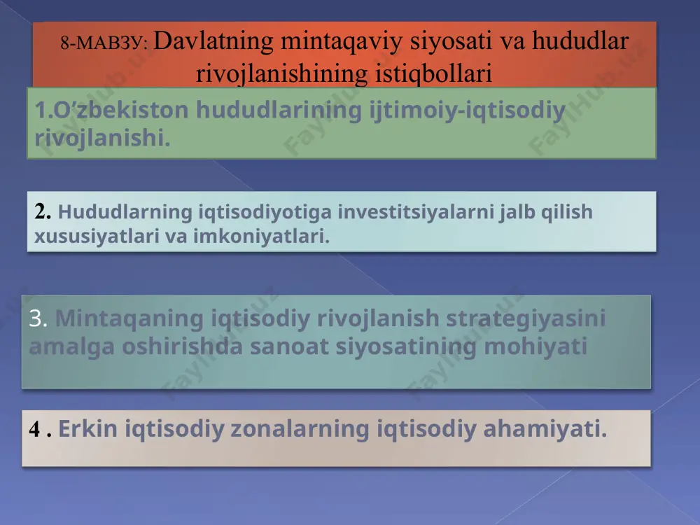 zbekiston hududlarining ijtimoiy-iqtisodiy rivojlanishi. mintaqalar rivojlanishida o’ziga xos o’rin tutuvchi moliyalashtirishning turli manbalari mavjud. ularni quyidagi guruhlarga bo’lish mumkin: davlat budjeti mablag’lari; korxonalarning o’z mablag’lari; aholi mablag’lari; xorijiy investitsiyalar; budjetlardan tashqari fondlarning mablag’lari va hokazolar. bozor iqtisodiyoti sharoitida milliy iqtisodiyotimiz uchun zarur mahsulotlarni ishlab chiqaruvchi mintaqa obektlari moliyalashtiriladi, xususiy moliyalashtirish kengayib, xususiy sektor rivojlangan sari davlat budjeti mablag’lari hisobiga investitsiyalash ortib boradi. bunday hollarda bozor iqtisodiyotiga o’tib borayotgan davlatlarda, jumladan, o’zbekistonda ham davlat budjeti tomonidan tibbiyot, fan va madaniyat, maorif va boshqa ijtimoiy sohalar loyihalari moliyalashtiriladi hamda bu maqsadga muvofiqdir. 2. hududlarning iqtisodiyotiga investitsiyalarni jalb qilish xususiyatlari va imkoniyatlari mintaqaning iqtisodiy rivojlanish strategiyasini amalga oshirishda sanoat siyosatining mohiyati sanoat siyosati bu ishlab chiqarish tizimida milliy maqsadlar va istiqbolni hisobga olgan holda progressiv o‘zgarishlarga qaratilgan chora-tadbirlar tizimi. ishlab chiqarish siyosatining asosiy vazifasi va predmeti sohalar ichidagi raqobat yoki sanoatni rivojlanishi emas, balki sohalardagi o‘zgarishlarni o‘rganish hisoblanadi - mahalliy va xorijiy davlatlar …