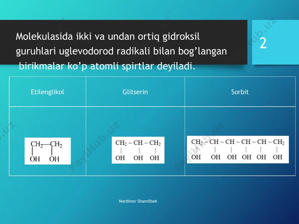 n mоysimоn suyuqlik (qayn.t. 198оc, suyuq.t. -11.5оc). turli kоnsentratsiyali suvdagi eritmalari ichki yonuv dvigatellarini sоvutishda (antifriz) ishlatiladi. shuningdek, u pоliefirlarni (masalan, lavsan) оlishda хоm ashyo, uning efirlari esa lak ishlab chiqarishda erituvchi sifatida qo’llaniladi. glitserin glitserin teri va matolarni bezash va xalq xo'jaligining boshqa sohalarida teri, to'qimachilik sanoatida keng qo'llaniladi. glitserinni qo'llashning eng muhim sohasi glitserin trinitrat ishlab chiqarishdir — noto'g'ri nitrogliserin deb ataladi) - bu ta'sirdan portlovchi kuchli portlovchi modda, shuningdek dori (vazodilatator). sorbitol (hexahydric alkogol) diabet bilan og'rigan bemorlar uchun shakar o'rnini bosuvchi sifatida ishlatiladi. nordinov shamilbek 17 tibbiyotda ular malham, pasta va kremlarni terini qurishdan himoya qilish uchun dori-darmonlarni sifatida ishlatiladi kuchli namlantiruvchi xususiyatlarga ega va ko'pincha turli xil kosmetika tarkibiga kiradi. nordinov shamilbek 18 qishloq xo'jaligida u urug'larni qayta ishlash uchun ishlatiladi, bu ularning yaxshi o‘sishiga, daraxtlar va butalarga yordam beradi, bu esa qobiqni yomon ob-havodan himoya qiladi. nordinov shamilbek 19 bundan tashqari, glitserin portlovchi moddalarni …