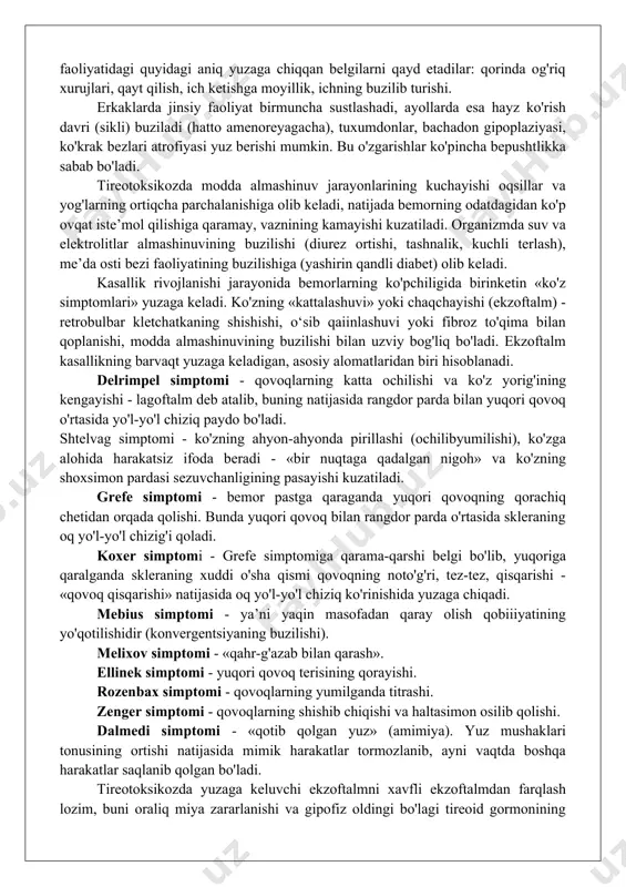 lari jadal sintez qilinishi bilan o'tadi. klinikasi va diagnostikasi. ilmiy adabiyotlarining guvohlik berishicha kasb-kor nuqtayi nazaridan diffuz toksik buqoq bilan ko'proq aqliy mehnat xodimlari kasallanadilar. qishloq joylarda yashovchi aholi tireotoksikoz bilan 3 -5 marta kamroq kasallanadi. aftidan, bunda birmuncha tinch va qulay bo'lgan atrof muhitning (tabiiy omillar, ochiq havoda ishlash) ahamiyati katta bo'isa kerak. tireotoksikozga xos belgilar toksik buqoqning nafaqat diffuz giperplaziyasi bor turida, balki tugunli (yoki ko'p tugunli), aralash kabi patologik turlarida ham uchraydi. tireotoksikozning rivojlanish darajasi hamisha ham qalqonsimon bezning kattalashuv darajasiga bog'liq bo'lavermaydi: ba’zan bez oicham lari kichik boisa ham tireotoksikozning rivojlanish darajasi yuqori, yoki aksincha, bez oichamlari katta boigani bilan tireotoksikoz deyarli rivojlanmasligi mumkin. demak, buqoq kasalligida qalqonsimon bez hajmining katta-kichikligi klinik belgilarining og'ir-yengilligiga hamisha ham muvofiq kelavermaydi. kezi kelganda shuni aytish kerakki, tireotoksikozning rivojlanish darajasining yuqoriligi, ko'pincha sporadik buqoqda yaqqolroq namoyon bo'ladi. endemik buqoqda esa, ko'pincha qalqonsimon bez hajmining kattalashgan (yoki juda katta) boiganligiga qaramay, …