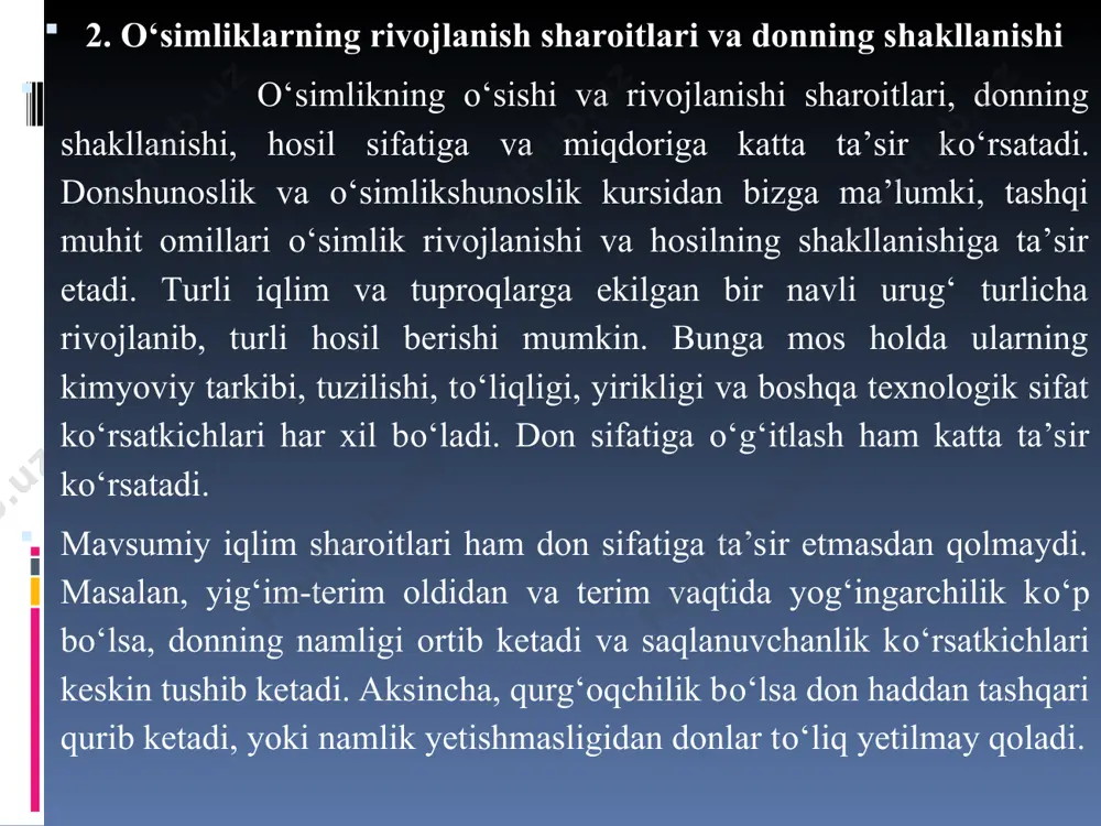 ifloslanganligi deb uning tarkibidagi begona aralashmalarning foiz hisobidagi miqdoriga aytiladi. don tarkibidagi iflos aralashmalar begona va donliga bо‘lish mumkin. don partiyasining zararkunandalar bilan zararlanganligi uni qabul qilishda, jо‘natishda va saqlashda aniqlanadi. zararkunandalar don massasiga miqdor va sifat jihatdan salbiy ta’sir kо‘rsatadi. shu sababli davlat standartida zararkunandalar bilan zararlanish haqidagi ma’lumot muhim kо‘rsatkich qilib olingan. don massasida turli hasharotlar va kanalar bо‘lishi mumkin. keltirilgan zarar bо‘yicha hasharotlar kanalardan ustun turadi. shu sababli davlat standartida hasharotlar bilan zararlangan don massasi konditsiyasiz, ya’ni ishlatishga yaroqsiz hisoblanadi. don qabul qilish korxonalarida hasharotlar bilan zararlangan don partiyasi qabul qilinmaydi. kanalar bilan zararlanish standartda ruxsat etiladi. bunday don partiyasi sotish bahosidan ma’lum summa chegirish bilan qabul qilinadi. zararkunandalar soni 1 kg donda namunani elakdan о‘tkazib aniqlanadi. bunda tirik zararkunandalar soni hisobga olinadi. о‘lganlari esa begona aralashmalarga kiritiladi. kana va uzuntumshuqlar soniga qarab don partiyasining zararlanish darajasi aniqlanadi. donning natura og‘irligi deb, uning 1 litrdagi grammlarda ifodalangan …