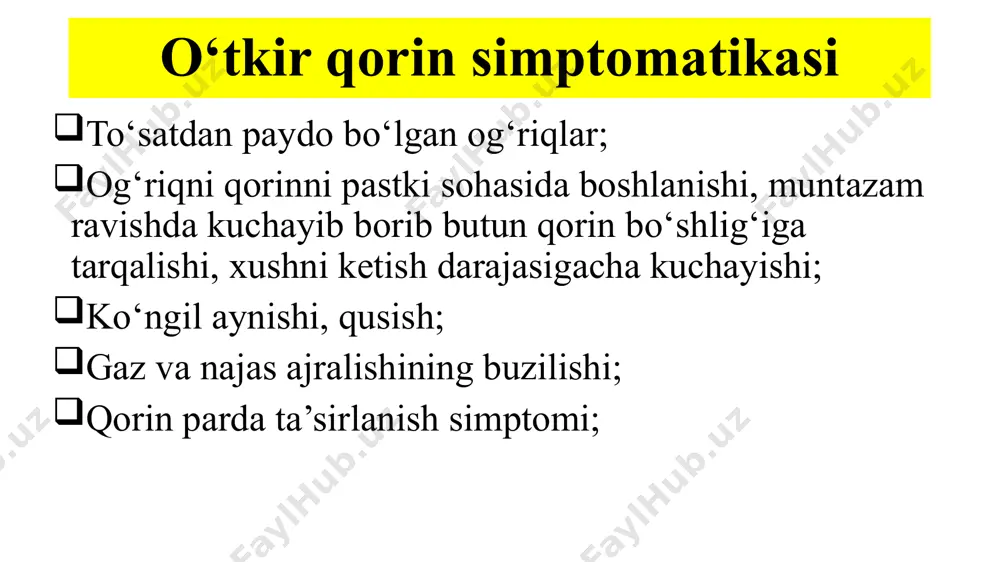 ishi natijasida) anemik (ichki qon ketish simptomatikasi) aralash og‘irlik darajasi bo‘yicha: yengil (qon ketishi 100-150 ml) o‘rta (150-500 ml) og‘ir (500 ml va undan ko‘p) etiopatogenez: endogen sabablar bachadonning noto`g`ri joylashuvi тomirlar ezilishi ekzogen sabablar jinsiy aloqa otga minish chandiqli yallig`lanish jarayonlari qorin jarohati jarroxlik aralashuvi klizma klinik belgilar: siklni o‘rtasida (12-16 kun) to‘liq sog‘lom xolatda qorinni pastki qismida to‘satdan vujudga kelgan kuchli og‘riqlar bo‘lib, oyoq va orqa chiqaruv yo‘liga irradiatsiyalanadi. ob’ektiv: qorin oldingi devorining taranglanishi (40,8%) qorin parda ta’sirlanish simptomi (25,8%) vaginal tekshiruv: qin gumbazining tushishi(26,7%) bachadon me’yoriy xajm va konsistensiyada (84,9%) bachadonni paypaslashni imkoniyati yo‘q (15,4%) palpatsiyaning og‘riqliligi(30%) bachadon ortiqlari sohasida o‘smasimon xosilalar (85%) bachadon ortiqlari sohasi palpatsiyasida qattiq og‘riq tashxislash xgch test-manfiy uтт laparosopiya uash taktikasi: birlamchi baholash: ps, ad, saturatsiya; kislorod ulash; v\iga 0,9% fiziologik eritma ulash; anamnez yig‘ish; transportirovka vaqtida statsionar xodimlarini ogohlantirish tuxumdon kistomasi oyoqchasining buralib qolishi tasnifi kechishi bo‘yicha: o‘tkir sekin o‘ralishi bo‘yicha: …