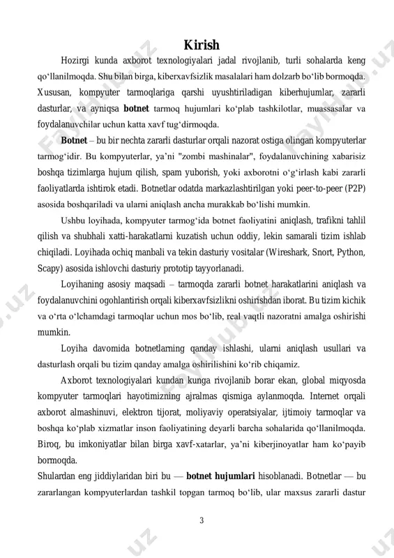 ompyuter” deb ataladi. ular foydalanuvchining ruxsatisiz, yashirin ravishda, botnet egasining (botmaster) buyruqlari asosida ishlaydi. botnetlar ko‘p hollarda quyidagi maqsadlarda ishlatiladi:  ddos hujumlari (distributed denial of service): maqsadli server yoki xizmatni ortiqcha so‘rovlar bilan band qilib, uni ishlamay qolishiga olib keladi.  spam yuborish: zararli havolalar yoki reklama orqali foydalanuvchilarga xat yuboriladi.  kiritilgan ma’lumotlarni o‘g‘irlash: ayniqsa banking tizimlarida login/parol, karta ma’lumotlarini yig‘ish.  kriptovalyuta qazib olish: foydalanuvchi resurslaridan yashirincha foydalaniladi.  botnet tarmoqlarini ijaraga berish: yirik botnetlar kiberjinoyatchilar tomonidan pullik xizmat sifatida sotiladi. botnet qanday tashkil qilinadi? botnet yaratish uchun quyidagi bosqichlar amalga oshiriladi: 1. zararli dastur tarqatiladi — botmaster foydalanuvchilar qurilmalariga maxfiy tarzda zararli kodni (trojan, worm, rootkit) yuboradi. bu ko‘pincha phishing (qalbaki xatlar), zararli havolalar yoki krakli (pirat) dasturlar orqali amalga oshadi. 2. kompyuter "zombi"ga aylanadi — foydalanuvchi zararli dasturni ishga tushirgandan so‘ng, u kompyuter botnet tarmog‘iga ulanadi va botmasterning buyruqlarini qabul qila boshlaydi. 3. boshqaruv serveriga …