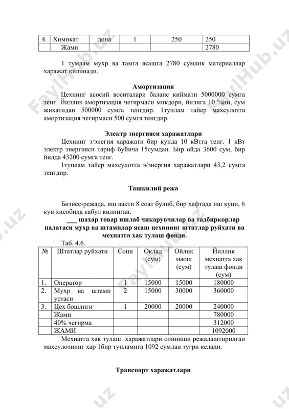 умда олиниши режалаштирилган даромад курсатилган. таблица 6.1. № сотиладиган махсулот номи улчов бирлиги сони нархи (сум) жами (сум) 1 мухр ва штамплар туплам 1000 4000 4000000 1 йилда олиниши кутиладиган даромад микдори 4000000 сумни ташкил этади. 6.2 таблицада лойихани амалга ошириш учун жалб этилган кредит маблагини кайтариш ва кредитдан фойдаланганлик фоизларини тулаш схемаси курсатилган. кредитни кайтариш таблицаси таблица 6.2. № тулов даври кредит микдори (сум) йиллик фоиз ставкаси 12 % кайтариладиган кредит суммаси (сум) жами туланадиган сумма (сум) 1 0 йил 5000000 2 1- йил 5000000 600000 0 0 жами 1-йил 5000000 600000 0 0 5 2- йил 1- квартал 5000000 150000 312500 462500 6 2- квартал 7 3- квартал 8 4- квартал жами 2-йил 9 3- йил 1- квартал 10 2- квартал 11 3- квартал 12 4- квартал жами 3-йил 13 4- йил 1- квартал 14 2- квартал 15 3- квартал 16 4- квартал жами 4-йил 17 5- йил …