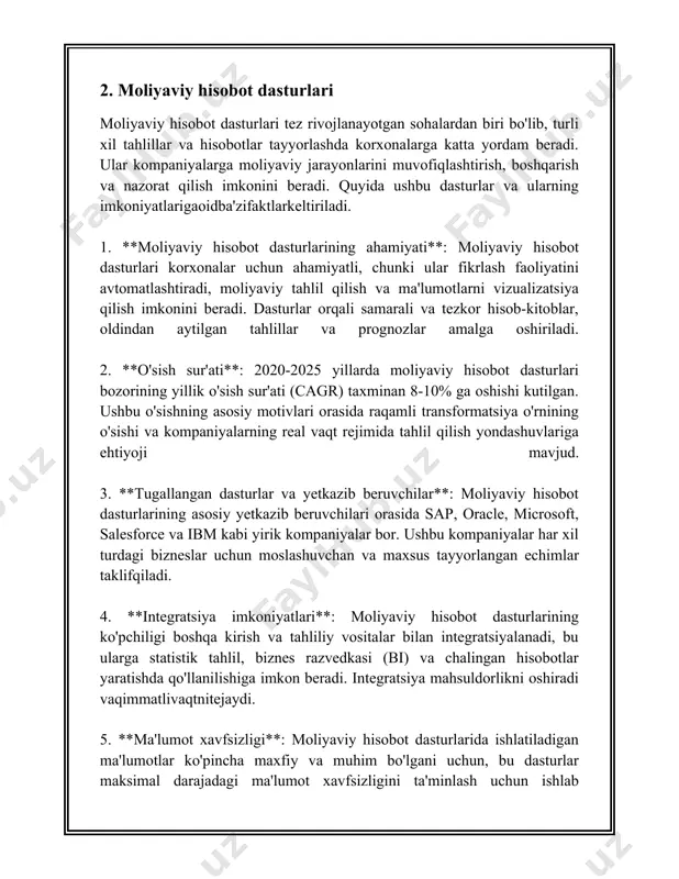 esa foydalanuvchi tajribasini yaxshilaydi va dasturdan samarali foydalanishga imkon beradi. oddiy interfeyslar ma'lumotlar bilan interaktiv ishlashimkoniniberadi. 7. **mashina o'rganishi va sun'iy intellekt**: ba'zi zamonaviy moliyaviy hisobot dasturlari mashina o'rganishi va sun'iy intellekt texnologiyalaridan foydalanib, oldindan aytilishi mumkin bo'lmagan moliyaviy tahdidlar va xavflarni aniqlash imkoniyatini beradi. ushbu texnologiyalar yordamida ma'lumotlar tahlili yanada chuqurlashadi va natijalar aniqligi oshadi. 8. **narx va litsenziyalash**: moliyaviy hisobot dasturlarining narx strategiyasi dastur funksionalligi va kompaniya ehtiyojiga qarab o'zgaradi. ko'plab dasturlar obuna modeli asosida taqdim etilib, yiliga yoki oyiga to'lanadigan to'lovlar mavjud. shuningdek, ba'zi kompaniyalar dastur nozikligiga va raqamli xavfsizlik darajasiga qarab maxsus narxlanadi. 9. **ta'lim va qo'llab-quvvatlash**: moliyaviy hisobot dasturlaridan unumli foydalanish uchun ko'pchilik yetkazib beruvchilar ta'lim xizmatlari va texnik qo'llab-quvvatlashni taqdim etadilar. bu xizmatlar dasturiy ta'minotni samarali ishlatishga yordam beradi va foydalanuvchilarning malakasini oshiradi. 10. **bozor tendentsiyalari**: moliyaviy hisobot dasturlari sohasida yanada ko'proq ma'lumot tahlili, kuchliroq xavfsizlik strategiyalari, hamda pilitsanalash va vizualizatsiya imkoniyatlarini takomillashtirish bilan …
