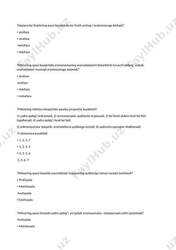 i qon guruh odamlar genotipi keltirilgan javobni aniqlang? a) ioio b) iaia c) ibib d) iaib e) iaio f) ibio a) a b) b va e c) c va f d) d ?to’rtinchi qon guruh odamlar genotipi keltirilgan javobni aniqlang? a) ioio b) iaia c) ibib d) iaib e) iaio f) ibio = a = b va e = c va f d ?kolovratkada jins aniqlanishining qaysi tipi uchraydi? = singam progam = epigam =sitogam ?inson salomatligini saqlash, mustahkamlash va irsiy kasalliklarning oldini olishda genetika fanining qaysi tarmog‘i asosiy o’rin egallaydi? = shajara usili =genologik usuli odam genetikasi = sitogam ?odam ijtimoiy muhitda yashaganligi sababli, ularda oliy nerv faoliyati bilan bog‘liq bo‘lgan qanday xususiyatlar paydo bo’lgan? 1) aql,2)idrok, 3) qobiliyat, 4)nutq, 5)mehnat qilish = 1,2,3 = 4,5 = 3,5 barchasi ?daun sindromi belgilarini ajrating? 1) 21-juft gomologik xromosomaning bittaga ortib ketishi 2) kariotipida 47 ta xromosoma uchrashi 3) kariotipida 45 …