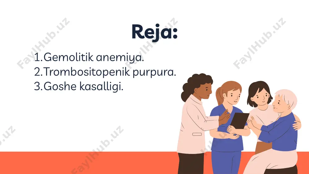 a. kasallikning rivojlanishiga 4 ta omil katta ta'sir ko'rsatadi: 1) antitrombotsitar tanachalar (antitel) mavjudligi; 2) trombopoetinsiz ishlab chiqarishda etishmovchilik; 3) trombotsitlar membranasidagi o'zgarishlar; 4) fermentlar etishmovchiligi. davolash: tashxisi: kasallik avj olgan paytda konservativ davolash choralar qon to'xtashiga, remissiya paytlarida esa qaytalanishning oldini olishga qaratiladi. bu davolash choralariga qon quyish, steroid gormonlar yuborish va simptomatik terapevtika kiradi. bemorda anamnezida bir necha qon ketishi bo'lganda va konservativ davolash choralaridan naf bermasa, kasallikning o'tkir va surunkali ko'rinishining remissiya paytida splenektomiya tavsiya etiladi. jarrohlik muolajasini o'tkazish paytida "ustama" taloq bo'lsa, albatta olib tashlash lozim. tashxis qo'yishda trombotsitlar miqdorini aniqlash katta ahamiyat kasb etadi. trombotsitlarning ba'zan umuman bo'lmasligi, qon ivishining 10 daqiqagacha uzayib ketishi, "jgut" simptomi paydo bo'lishi tashxis qo'yilishiga yordam beradi. bu kasallik oqsil va lipidlardagi almashinuv buzilishi natijasida kelib chiqadi va retikulotsitar hujayralarida kerazin to'planishi bilan ifodalanadi. bu kasallikda maxsus hujayralarni: katta, yumaloq oval shakldagi gomogen ko’piksimon protoplazma va uning markazida joylashgan cho’zinchok, …