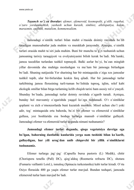 ria refracta dc), shotara (fumaria vaillantii loisl.), ismaloq (spinacia turkestanika) kabi turlar kiradi. o`rta osiyo florasida 400 ga yaqin efemer turlar mavjud. bundan tashqari, jamoada efemeroid turlar ham mavjud bo`ladi. jamoadagi efemeroid turlar deganda, qisqa vegetatsiya davriga ega bo`lgan ko`p yillik turlar tushuniladi. bularga iloq (carex physodes m. b.), rang (carex pachystylis), qo`ng`irbosh (poa bulbosa l.), lola (tulipa greigii rgl.), chuchmo`ma (ixiolirion tataricum herb.), boychechak (colchium luteum baker.), navro`zgullar (primula fedtschenkoi rgl.) misol bo`ladi. cho`l mintaqasi singari tog` mintaqasida ham efemeroidlar uchraydi. masalan, tog` mintaqasida erta bahorda boychechak (colchium luteum baker.), lola (tulipa greigii rgl.), savrinjon (colchium luteum kesserlingii rgl.), navro`zgul (primula fedtschenkoi rgl.) kabi turlar gullasa, yoz o`rtalarida obruq (xapri, qisroq) (perovskia serophilariifolia), yalpiz (mentha asiatika boriss), tog` rayhon (origanum tytthanthum gontsch.), kiyiko`t (ziziphora pedicellata pazij.) singari turlar gullaydi. mana shular fitotsenozning mavsumiy o`zgarishiga misol bo`ladi. jamoada mavsumiy o`zgarishga nisbatan turlar almashinishi ancha sekin boradigan murakkab jarayondir. bunday hol …