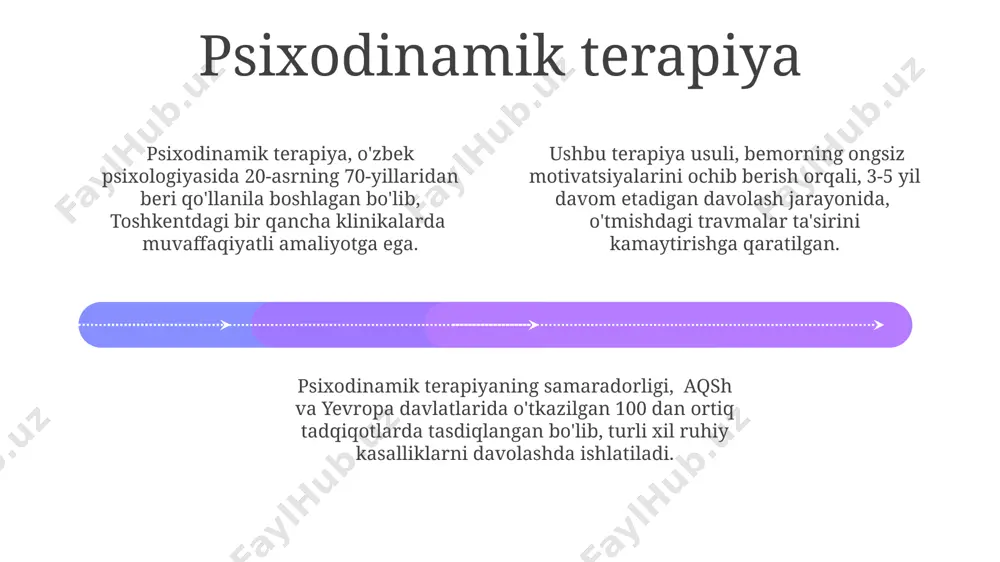 piyaning samaradorligi 8 hafta davom etadigan sessiyalar orqali o'rtacha 70% ga yetadi va bu turli xil psixologik muammolarni, masalan, tashvish va uyqusizlikni yengishga yordam beradi. bihevioral terapiya add text add text add text add text add text add text бихевиорал терапияда фобияларни даволашда 3-5 сеансда экспозиция терапиясидан фойдаланилади, бунда бемор қўрқув объектига босқичма-босқич дуч келади, натижада, аксурган реакциялар камаяди. бихевиорал терапияда, хусусан, 1950-йилларда ақшда пайдо бўлган рационал-эмоционал хулқ-атвор терапияси (рэхт) каби йўналишлар, иррационал фикрларни аниқлаш ва уларни рационал фикрларга алмаштиришга асосланган. бу терапия тури 20 дан ортиқ мамлакатда, жумладан, ўзбекистон, россия ва европа давлатларида кенг қўлланилади ва 70% га яқин самарадорлик кўрсатади деб бахоланади. transpersonal terapiya 01 02 03 transpersonal terapiya, 1960-yillarda aqshda paydo bo'lib, inson ongining 3 ta asosiy darajasini – shaxsiy, ijtimoiy va transpersonalni o'rganadi. ushbu terapiya, psixologik sog'lomlashtirishning 5 bosqichli modelini qo'llaydi va ruhiy amaliyotlar, masalan, meditatsiya va yoga, orqali 7 ta chakra energiyasini muvozanatlashga qaratilgan. transpersonal …