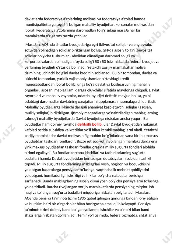 idan iborat. federatsiya a'zolarining daromadlari to'g'risidagi masaja har bir mamlakatda o'ziga xos tarzda yechiladi. masajan, aqshda shtatlar byudjetlariga egri (bilvosita) soliqlar va eng avvalo, sotuvdan olinadigan soliqlar biriktirilgan bo'lsa, gfrda asosiy to'g'ri (bevosita) soliqlar bo'yicha tushumlar - aholidan olinadigan daromad solig'i va korporatsiyalardan olinadigan foyda solig'i 50 : 50 foiz nisbatda federal byudjet va yerlaming byudjeti o'rtasida bo'linadi. yetakchi xorijiy mamlakatlar moliya tizimining uchinchi bo'g'ini davlat krediti hisoblanadi. bu bir tomondan, davlat va ikkinchi tomondan, yuridik vajismoniy shaxslar o'rtasidagi kredit munosabatlaridan iborat bo'lib, unga ko'ra davlat va boshqaruvning mahalliy organlari, asosan, mablag'lami qarzga oluvchilar sifatida maydonga chiqadi. davlat zayornlari va mahalliy zayomlar, odatda, byudjet defitsiti mavjud bo'lsa, ya'ni odatdagi daromadlar davlatning xarajatiarini qoplamasa muomalaga chiqariladi. mahalliy byudjeuarga ikkinchi darajali ahamiyat kasb etuvchi soliqlar (asosan, mulkiy soliqlar) biriktirilgan. ijtimoiy maqsadlarga yo'naltiriladigan mablag'larning salmog'i mahalliy byudjetlarda davlat byudjetiga nisbatan ancha yuqori. bu byudjetlar ham doimiy ravishda defitsitli bo'lib, ular davlat byudjetidan hukumat …