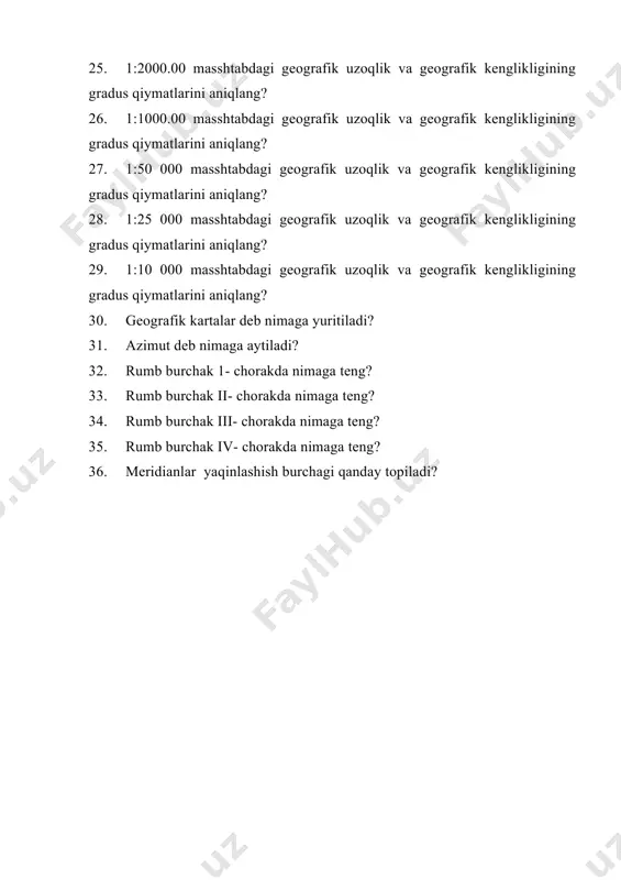 qlang? 30. geografik kartalar deb nimaga yuritiladi? 31. azimut deb nimaga aytiladi? 32. rumb burchak 1- chorakda nimaga teng? 33. rumb burchak ii- chorakda nimaga teng? 34. rumb burchak iii- chorakda nimaga teng? 35. rumb burchak iv- chorakda nimaga teng? 36. meridianlar yaqinlashish burchagi qanday topiladi?