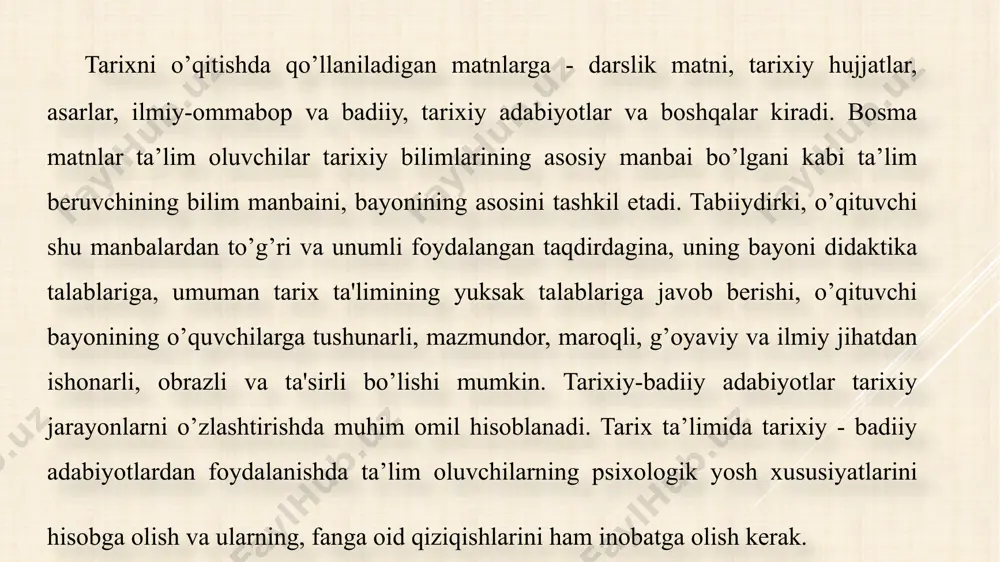 n ta'lim- tarbiyaviy g’oyani qanday natijaga erishganligi nuqtai nazaridan baholashga o’rgangan taqdirdagina uning mohiyatini to’liq, chuqur anglab yetishi muqarrar. badiiy asarni to’g’ri tanlay bilish ham asar g’oyasini ta'lim-tarbiyaviy tomondan chuqur o’zlashtirishning muhim omillaridan biri bo’lib, uni tanlashda ma'lum mezonlarga asoslaniladi, ya'ni badiiy asarning yuksak g’oyaviy-badiiy qimmati, adib ijodida asarning xarakterli o’rni asarning yaratilgan va o’rganilayotgan davr uchun ahamiyati badiiy asarning ta'limiy, tarbiyaviy, rivojlantiruvchi xususiyati ega bo’lib; badiiy asarning ta’lim oluvchilar yoshiga mosligi, munosibligi; o’quvchida qiziqish uyg’otishi; o’quvchining ma'naviy qiziqishi; talabi, ehtiyojlariga javob bera olish darajasidan iboratdir. proza yo’lida yozilgan asarlar hayotning keng va ob'ektiv manzarasini tasvirlashi, ma'naviy qadriyatlar mohiyatini atroflicha ochib berishi, poeziyada bunday tasvirga keng imkoniyat yo’qligi, dramatik asarlarda esa voqelik yozuvchi nutqi orqali emas, balki obrazlarning hatti-harakati, so’zlari orqali ifodalanishi bilan farq qiladi. adabiy turlar o’rtasidagi bunday farqlanish ularning tarbiyaviy imkoniyatlari jihatidan ham farqlanishiga olib keladi. mazkur janrlardagi asarlarning ahamiyatli jihatlari e’tiborli bo’lib, u ta’ilm oluvchiga: birinchidan, o’tmishning …