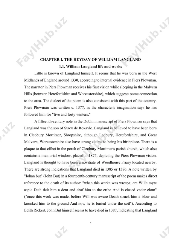 rs for the dead. however, the distinction between allegory and reality in piers plowman is blurred, and the entire passage, as wendy scase observes, is reminiscent of the false confession tradition in medieval literature. a similar passage in the final passus of the b and c texts provides further ambiguous details on the poet's wife and his torments by elde (old age), including baldness, gout, and impotence. this may indicate that the poet had reached middle age by the 1370s, but the accuracy of the passage is called into question by the conventional nature of the description (see, for instance, walter kennedy's "in praise of aige" and the parliament of the three ages) and the fact that it occurs near the end of the poem, when will's personal development is reaching its logical conclusion. the detailed and highly sophisticated religious knowledge displayed in the poem indicates that langland had some …