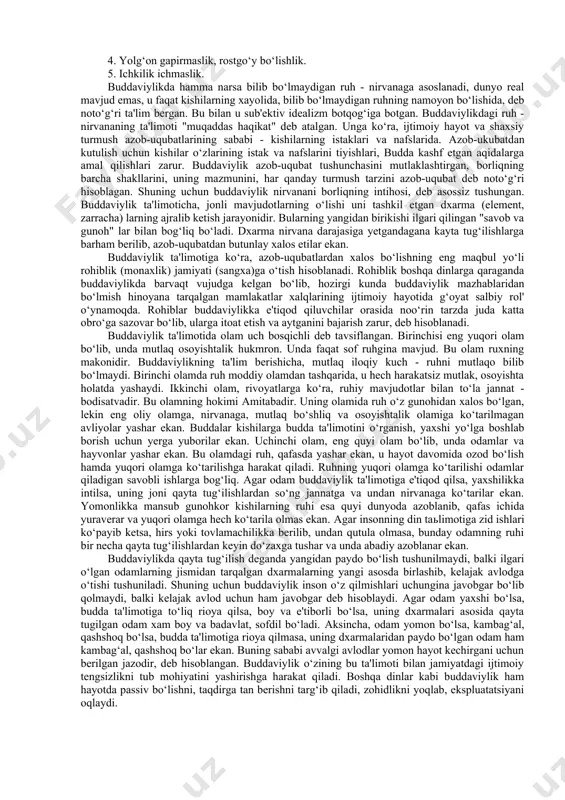 , oliyga braxmanlar, harbiylar, o‘rta tabaqaga - dehqonlar, eng quyi tabaqaga oddiy xalq, xizmatkor, cho‘rilar kiritilar edi. buddaviylik quldorlik jamiyatida braxmanlik mazhablaridan biri sifatida paydo bo‘lgan. u braxmanlikni jonning ko‘chib yurishi, jannat va do‘zax qaqidagi aqidalarni saqlab qolgan. buddaviylik braxmanlikni jamiyatning tabaqalarga bo‘linishi to‘g‘risidagi ta'limotga qarshi chiqib, barcha kishilar e'tiqodda teng huquqli deb e'tirof etgan. buddaviylikning diniy tenglik haqidagi goyasi odamlarning kastalarga bo‘linib ketishiga qarshi kurashda ijobiy rol' o‘ynagan. аyni paytda buddaviylik kishilar "azob-uqubat" chekishda va undan xalos bo‘lishda ham tengdirlar deb hisoblangan. markaziy osiyo xalqlarining qadimgi tarixi va madaniyatida buddaviylik muayyan o‘rin egallagan. u zardushtiylik dini ta'sirida va u bilan yonma-yon shakllangan dinlardan biri bo‘lgan. buddaviylik miloddan avvalgi vi-v asrlarda hindistonning shimolida vujudga kelgan. keyinchalik janubi-sharqiy va markaziy osiyo xamda uzoq sharq mamlakatlarida keng tarqalgan. uning vujudga kelishi hind jamoalarida ro‘y bergan muhim ijtimoiy-iqtisodiy o‘zgarishlar - urug‘-qabilachilik aloqalari va tartiblarining yemirilishi, sinfiy jamiyatning vujudga kelishi va yirik quldorlik davlatlarining …