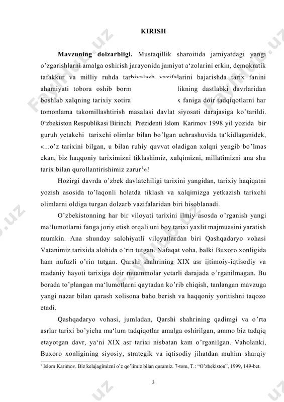 nna shu qulay strategik mintaqaning xix asr ya’ni 1801-yildan 1900-yilgacha bo’lgan tarixiy davri o’zbekiston tarixini dolzarb muammolari tarkibiga kiradi, chunki qarshi shahrining tadqiq etilayotgan davrlaridagi iqtisodiy, ijtimoiy va madaniy hayotiga doir tarixi maxsus ishlab chiqilib va bir tizimga keltirilib o’rganilmagan. shu sababli, qarshi shaharining xix asrdagi iqtisodiy- ijtimoiy, va madaniy tarixini qiyosiy taxlil qilgan holda o‘rganish tarix fanining dalzarb vazifalaridan biridir. bitiruv malakaviy ishning maqsadi va vazifalari: qarshi shahrining xix asrdagi iqtisodiy-ijtimoiy, madaniy tarixiy qiyosiy tahlil qilgan holda o‘rganish qarshi shahrining o‘tmishiga oid ayrim jihatlar xususida so‘z yuritish, qarshi shahrining bir qadar uzoq va yaqin o‘tmishini hamda xali ko‘plab ma’lum bo‘lmagan qariyb unitilayozgan tarixini, shahar tarixini ilmiy jihatdan tadqiq etgan holda yoritishdan iborat. mazkur maqsadni amalga oshirish uchun qo‘yidagi vazifalar belgilanib olindi. · xix asrning birinchi yarimida qarshi shahrining ijtimoiy-iqtisodiy hayotini yoritib berish. · xix asrning ikkinchi yarimida qarshi shahri ijtimoy-iqtiosdiy, madaniy ahvolini talqin qilish. · xix asrning qarshi shahri …