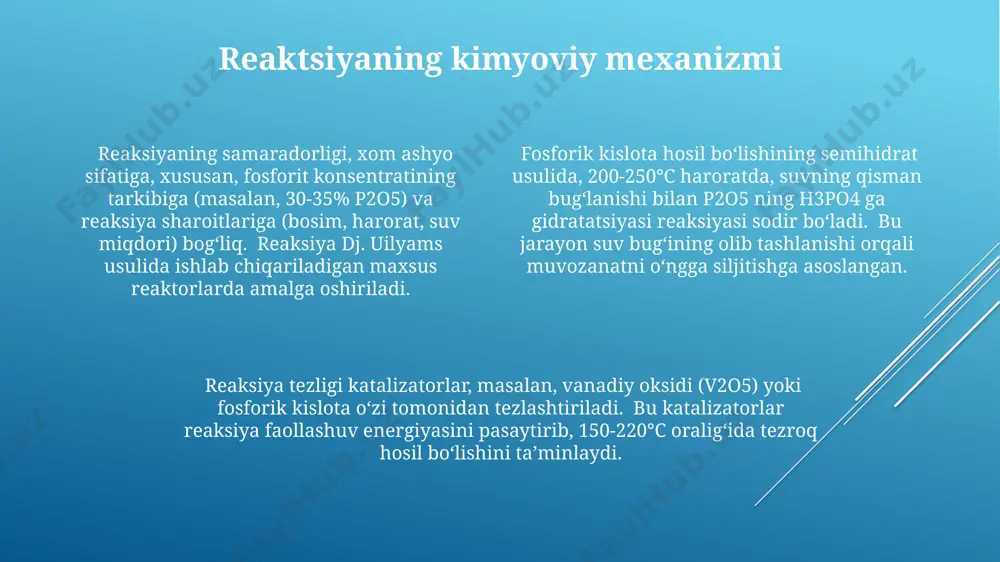 rik ishlab chiqaruvchi mamlakatlarda iqtisodiy jihatdan foydali bo'ladi. fosfat kislotasini ishlab chiqarishning yarim hidrat usuliga kirish yarim hidrat usulida, 1 tonna fosfor kislota olish uchun taxminan 3,5 tonna fosforit xom ashyosi va 1,8 tonna sulfat kislota sarflanadi, bu esa ishlab chiqarishning yuqori xom ashyo sarfini ko'rsatadi. ushbu usulda, reaktsiyadan so'ng hosil bo'lgan fosfor kislotasi konsentratsiyasi taxminan 28-32% ni tashkil etadi va uni keyinchalik konsentratsiya qilish kerak bo'ladi, bu esa energiya sarfini oshiradi va jarayonning iqtisodiy samaradorligiga ta'sir qiladi. fosfat kislotasini yarim hidrat usulida ishlab chiqarishda, 30-50°c harorat oralig'ida sulfat kislotasi bilan fosforitning reaksiyasi natijasida yarim hidrat caso₄·0.5h₂o hosil bo'ladi, bu jarayon dunyoning ko'plab mamlakatlarida, jumladan, xitoyda keng qo'llaniladi. sanoat misollari va amaliy qo'llanilishi фосфор кислотасини яримгидрат усулида ишлаб чиқариш жанубий кореянинг 3 та йирик кимё корхоналарида йилига 500 000 тоннадан ортиқ маҳсулот ишлаб чиқаришга имкон беради. яримгидрат усули россиянинг 2 та заводида фосфат ўғитлари ишлаб чиқаришда ишлатилади, бу эса йиллик …