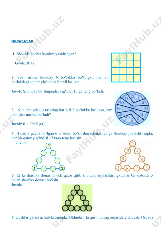 = 70 20. to‘g‘ri to‘rtburchakni ikkita kesma bilan shunday bo‘lingki, 8 ta uchburchak hosil bo‘lsin. javob: 21. uy tomiga 35 kaptar kaptar kelib qo‘ndi. birozdan keyin ulardan 17 tasi uchib ketdi. shundan so‘ng 8 ta kaptar qaytib keldi. so‘ngra 14 ta kaptar uchib ketib, 7 tasi yana qaytib keldi. tomda nechta kaptar qoldi? javob: 35 - 17 + 8 - 14 + 7 = 19 (ta). 22. 1) 4 ta 3 raqamidan 30 sonini hosil qila olasizmi? 2) 6 ta 3 raqamidan 31 sonini hosil qila olasizmi? javob: 1) 3 • 3 • 3 + 3 = 30 2) 33 - 3 : 3 - 3 : 3 = 31 23. 3 ta cho‘pning joyini o‘zgartirib, 5 ta kvadrat hosil qiling. javob: 24. bobo 56 yoshda, nabirasi 14 yoshda. necha yildan keyin bobo nabirasidan ikki marta katta bo‘ladi? tanlash usuli bilan yeching. javob: 1)bobo va nabira yoshlarining farqi - 56-14 …