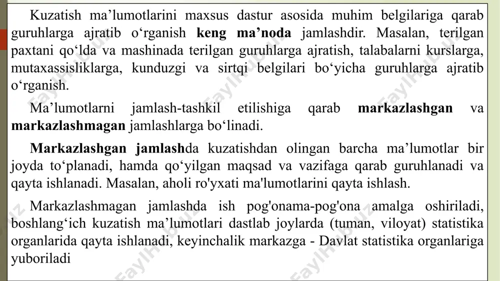 ni aniqlash orqali o‘rganish tushuniladi. demak, ushbu gu­ruh­lash turida to‘plam tarkibidagi har bir guruhning salmog‘i aniq­la­nib, to‘plam tarkibi o‘rganiladi. tuzilmaviy guruhlash yordamida aholining milliy, jinsiy tar­ki­bi, mamlakat yalpi ichki mahsuloti, qishloq xo‘jalik yalpi mah­sulotining tarkibiy qismlari kabi ijtimoiy hodisalarning tuzil­ma­lari (strukturasi) o‘rganiladi. analitik guruhlash - bu belgilar orasidagi o‘zaro bog‘lanishlarni tasvirlovchi guruhlashdir. analitik guruhlash deb ikki va undan ortiq belgilar orasidagi o‘zaro bog‘lanishlarni ta’riflovchi guruhlash ataladi. analitik guruhlashda ikki toifadagi belgilar ishtirok etadi: biri - omil belgilar, ikkinchisi - natijaviy belgilar. natijaviy belgi deb boshqa belgilar ta’siri ostida o‘zgarayotgan belgi deb ataladi, omil belgi esa unga ta’sir etayotgan, uni o‘zgarishiga sabab bo‘layotgan belgi yoki belgilardir. analitik guruhlash odatda omil belgi yoki belgilar asosida tuziladi, har qaysi guruh esa natijaviy belgilar bilan ta’riflanadi. guruhlash belgilari oddiy yoki bir o‘lchamli guruhlash bir belgi asosida, murakkab yoki ko‘p o‘lchamli guruhlash ikki va undan ortiq belgilar asosida tuziladi. guruhlash bir yoki bir necha belgilar …