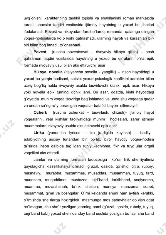 arsiya, manzuma, sonet, musammat, gimn va boshqalar. o`rni kelganda shuni ham aytish kerakki, o`tmishda she`rlarga hozirgidek mazmunga mos sarlavhalar qo`yish odat bo`lmagan, shu she`r yozilgan janrning nomi (g`azal, qasida, ruboiy, tuyuq, tarji`band kabi) yoxud she`r qanday band usulida yozilgan bo`lsa, shu band nomi (masnaviy, murabba, muxammas, musaddas, musamman kabi) bilan yuritilgan. har bir she`rga uning mazmuniga mos sarlavha qo`yish odati so`nggi davrlar mahsulidir. ba`zan she`riy asarlar borki, ularda shoir ham voqealarni tasvir etadi, ham shu voqealardan olgan taassurotlarini, kechinmalarini ifodalaydi. bunday asarlarda epizm bilan lirizm bir-biriga payvandlashib ketadi. bular lirik – epik asarlardir. poema (yunoncha roiema - ijod) – inson qalb prizmalari osha hayotning poetik momentlarini va dolzarb muammolarini aks ettiruvchi epik, lirik, lirik-epik va dramatik xarakterdagi yirik hajmli she`riy asardir. ballada (fransuzcha ballade – lotincha ballo – raqsga tushaman) –inson hayotining dramatik momentlari va poetik nuqtalarini ko`tarinki ruhda ifodalovchi rivoyaviy (ixcham)she`riy asar, qalb tug`yoni. ballada uslubida romantika yorqin ufurib …